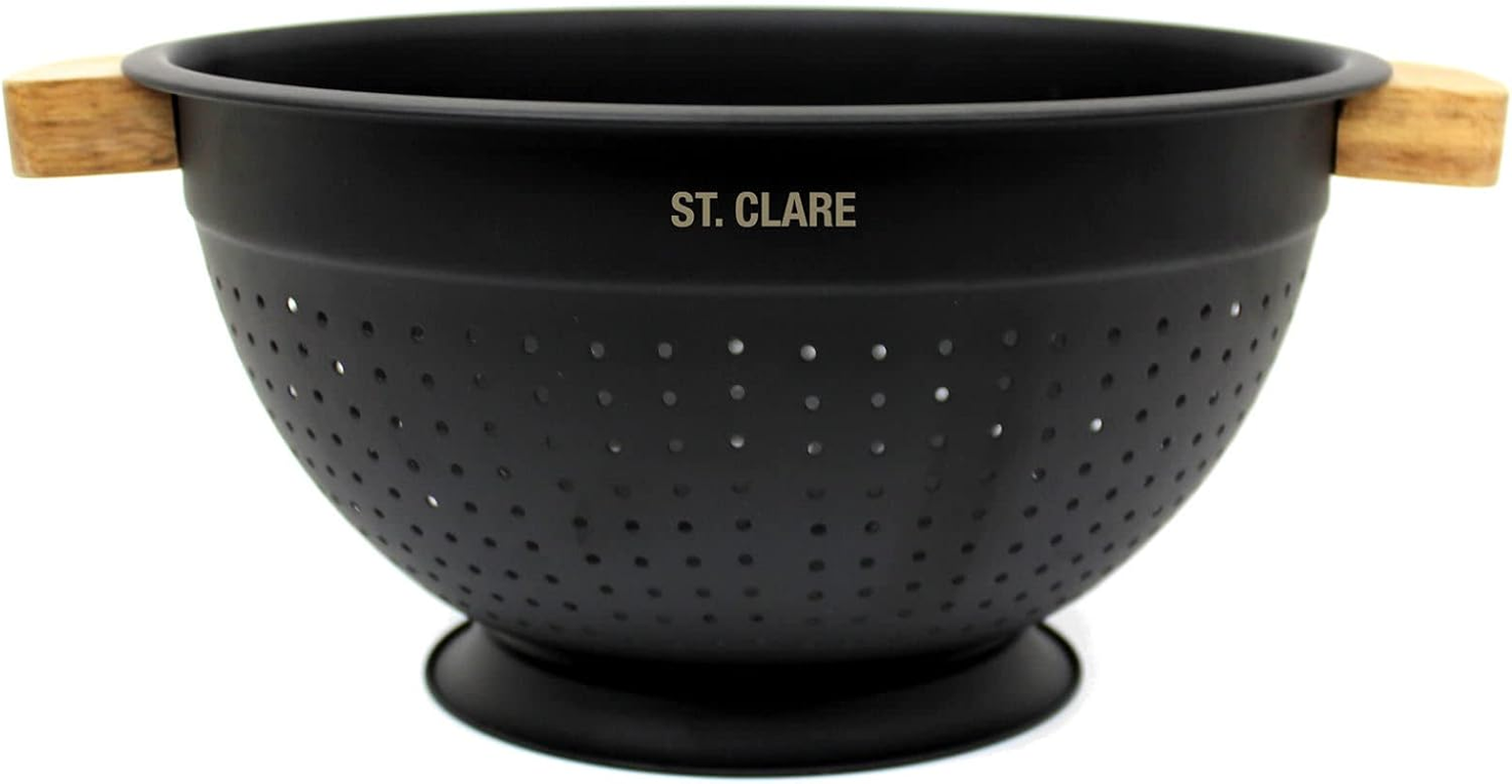 St Clare Stainless Steel Colander with Acacia Handle, Black, 24 Cm Size