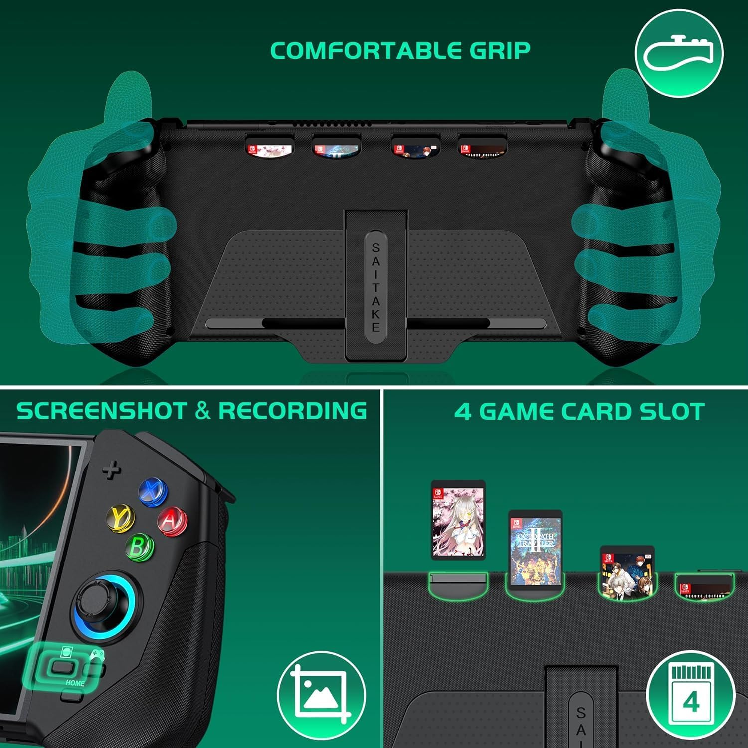 Switch Controller for Nintendo Switch/Oled, One-Piece Handheld Switch Joypad Replacement, Full-Size Grip Switch Remote Controller with Rgb/Turbo/4 Game Card Slot/Dual Motor Playstation&rsaquo;Consoles (Black) image number 5