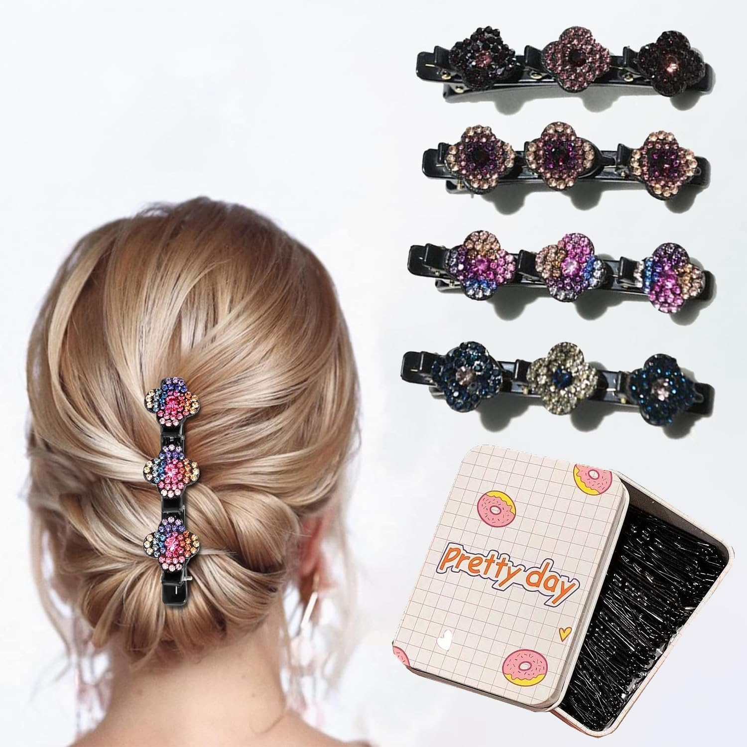 Norhogo Four Leaf Hair Pin Rhinestone Duckbill Hair Clip Fashion Double Layer Mini Hair Clips Hairpin Duck Beak Clip (9 Cm) Comes with a Box of Hair Clips image number 4