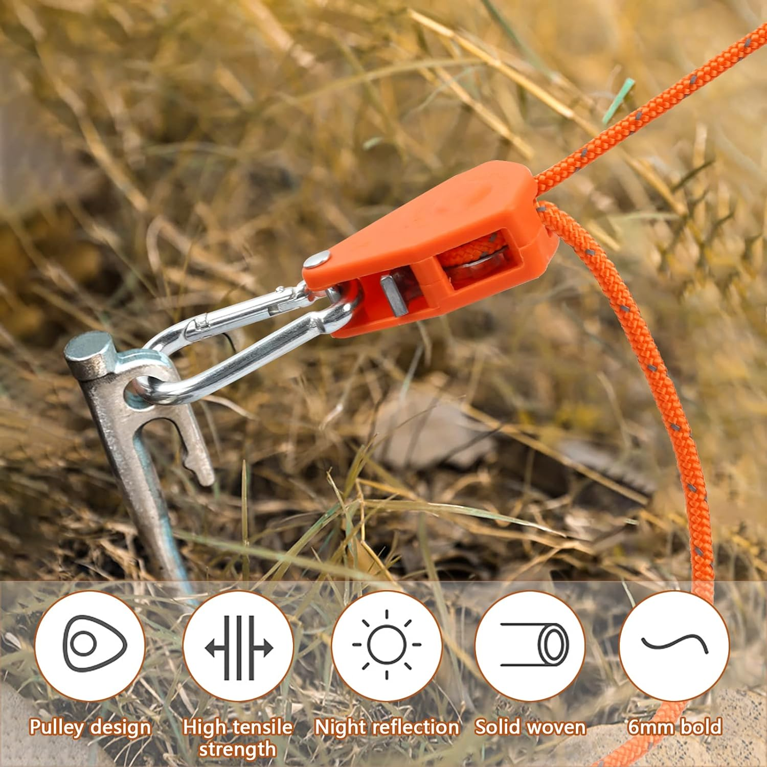 Pack of 4 4 Mm Reflective Guy Ropes Rope with Rope Tensioner, 4 M Rope Ratchet Tent Cord Luminous with Tensioner Adjuster Adjustable Nylon Outdoor Rope for Tent Tarpaulin Awning Camping