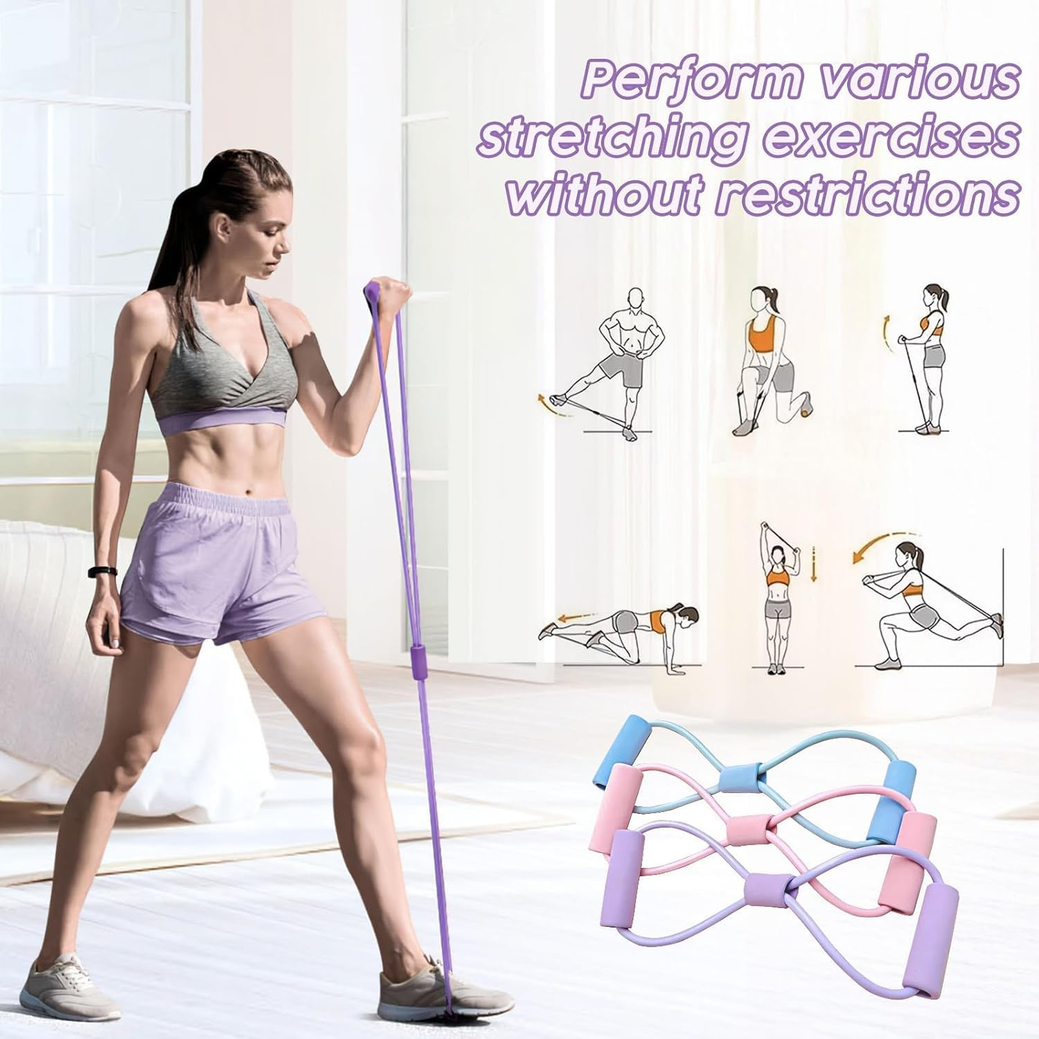 Arm Figure 8 Resistance Band, 3Pcs Yoga Gym Fitness Pulling Ropes, 8 Figure Shaped Tension Rope, 8 Shaped Elastic Pull Yoga Tension Rope for Chest Arm and Shoulder Stretch image number 3