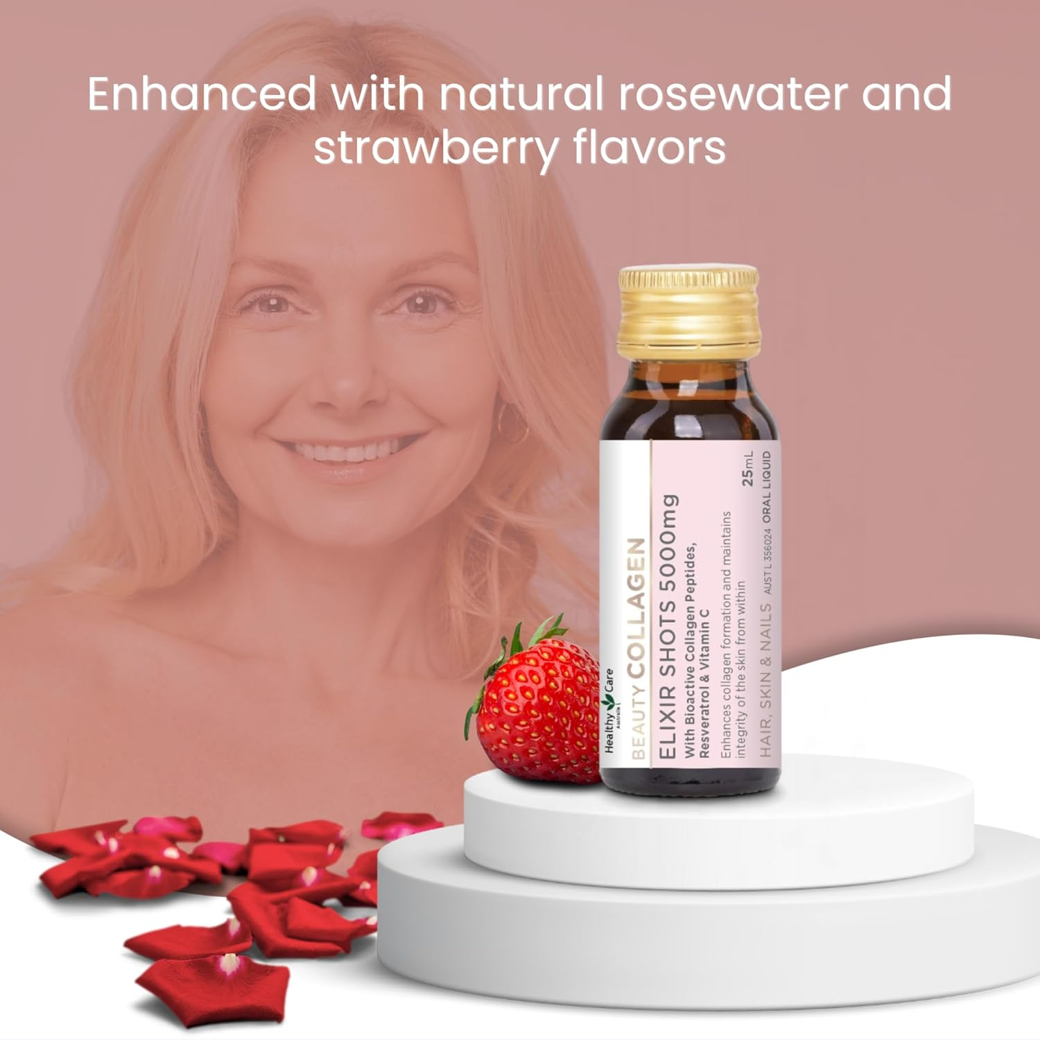 Healthy Care Beauty Collagen Elixir Shots - Enhances Skin Elasticity, Supports Hair and Nail Growth - Premium Dietary Supplement - Infused with Verisol Collagen, Resveratrol & Vitamin - 5000 Mg