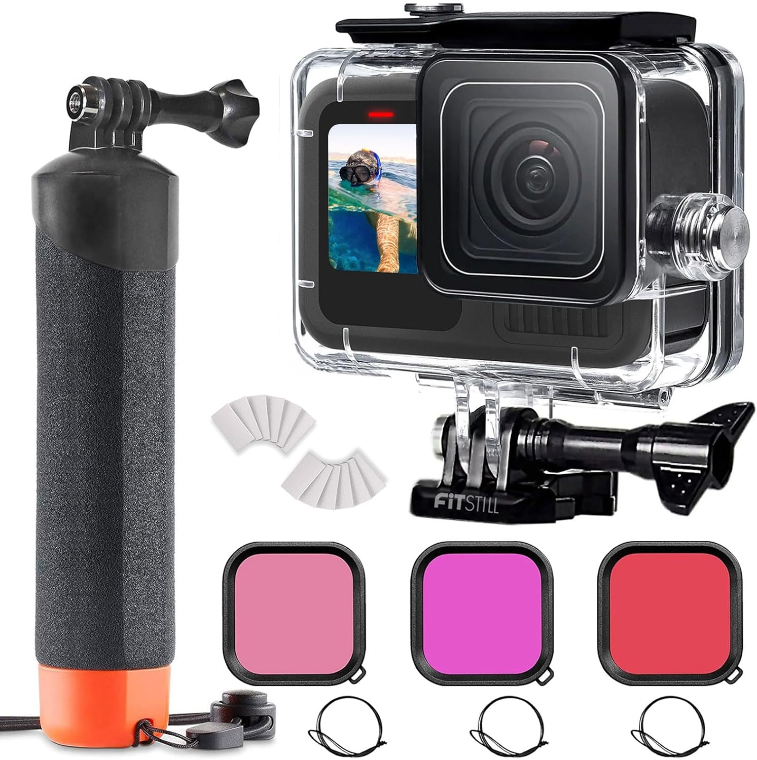 Fitstill 60M/196FT Underwater Waterproof Protective Case for Go Pro Hero 13 Hero 12 Hero 11 Hero 10 Hero 9 Black,3Pack Filter Monopod Floating Hand Grip Selfie Stick Hero13/12/11/10/9 Black Accessory image number 6