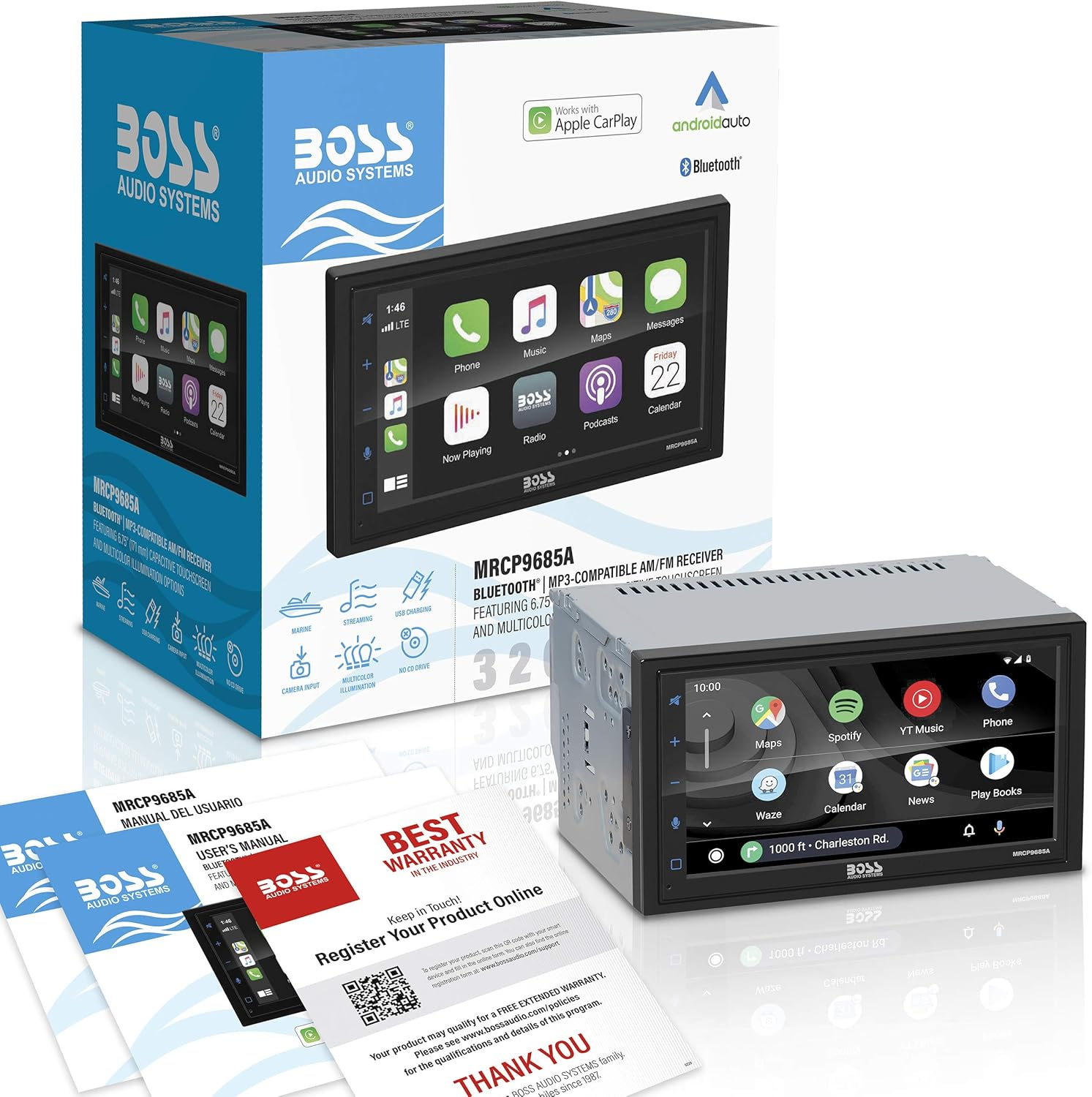 BOSS Audio Systems MRCP9685A Marine Boat Stereo &ndash; Apple Carplay, Android Auto, 6.75 Inch Double Din, Touchscreen, Bluetooth Head Unit, Radio Receiver, No CD DVD Player image number 5