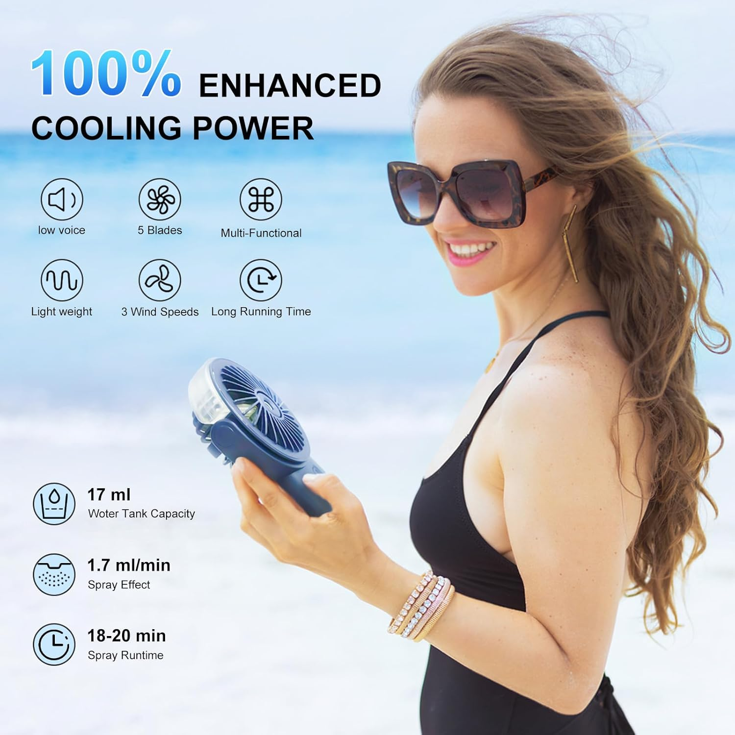 Oolong Portable Handheld Fan,Rechargeable Power Bank Misting Fan,90&deg; Adjustable Small Mister Fan,Personal Cooling Water Spray Fan for Men Women Travel Home Outdoor（Blue） - Blue image number 1