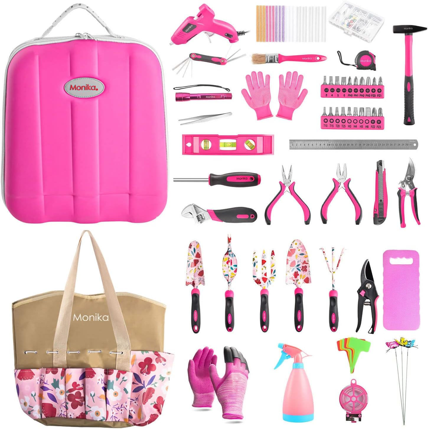 Monika Pink Tool Combo Portable Household Tool Set & Piece Gardening Tool Kit General Repair Maintenance with Storage Tool Bag Multi-Purpose Hand Tool Set, Pink