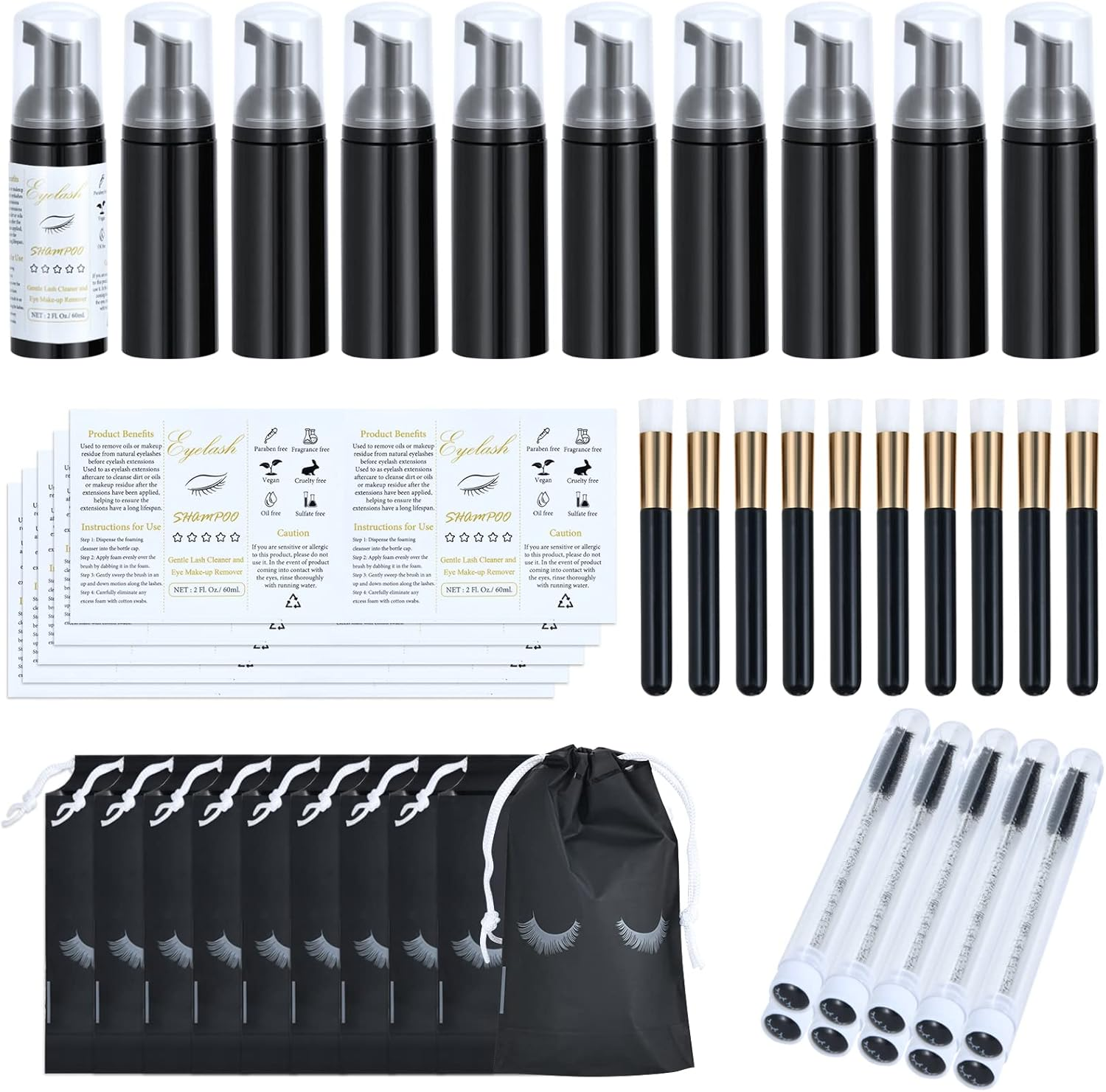 50 Pcs Lash Shampoo Bottle Brushes Set, Empty Lash Shampoo Bottles, Lash Shampoo Label Stickers, Mascara Wands and Tubes Eyelash Brush, Lash Cleansing Brushes, Bag for Lash Extensions Aftercare(Black) - 100-Pink image number 2