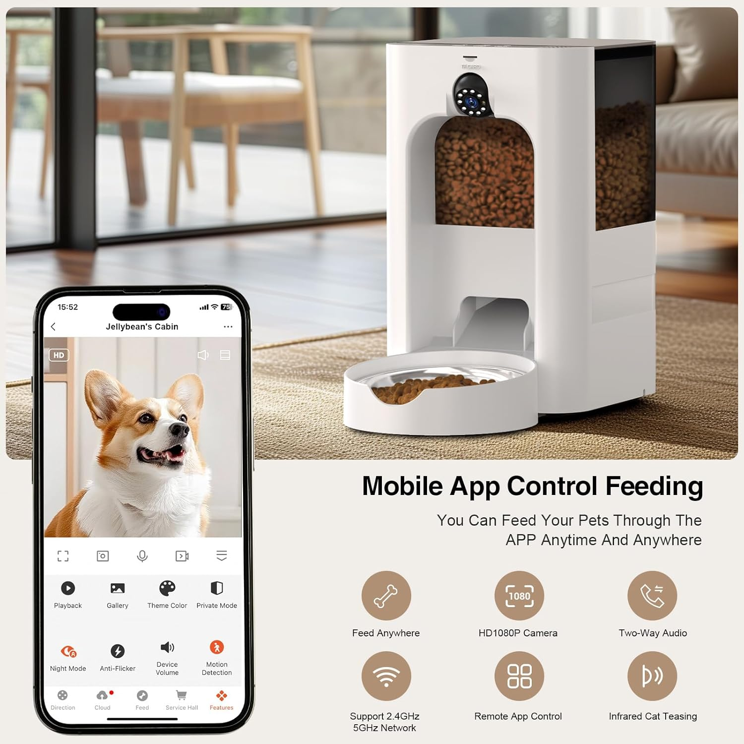Advwin 5L Automatic Feeder with Camera for Cat & Dog, 5G Wifi Pet Smart Food Dispenser with Laser Teaser, Night Vision, 1080P HD Video, 15S Voice Recorder, Low Food & Motion/Sound Alerts image number 4