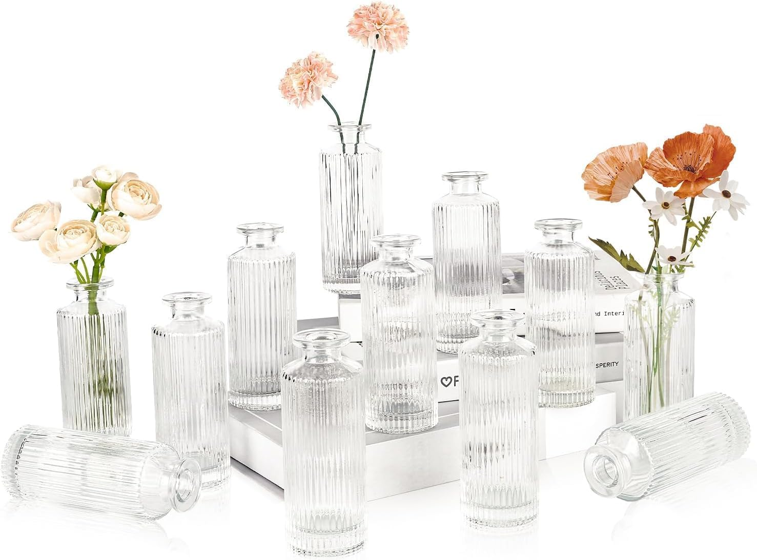Glass Bud Vase Set of 12 Clear Glass Vases for Wedding Table Decorations (Stripe) image number 4