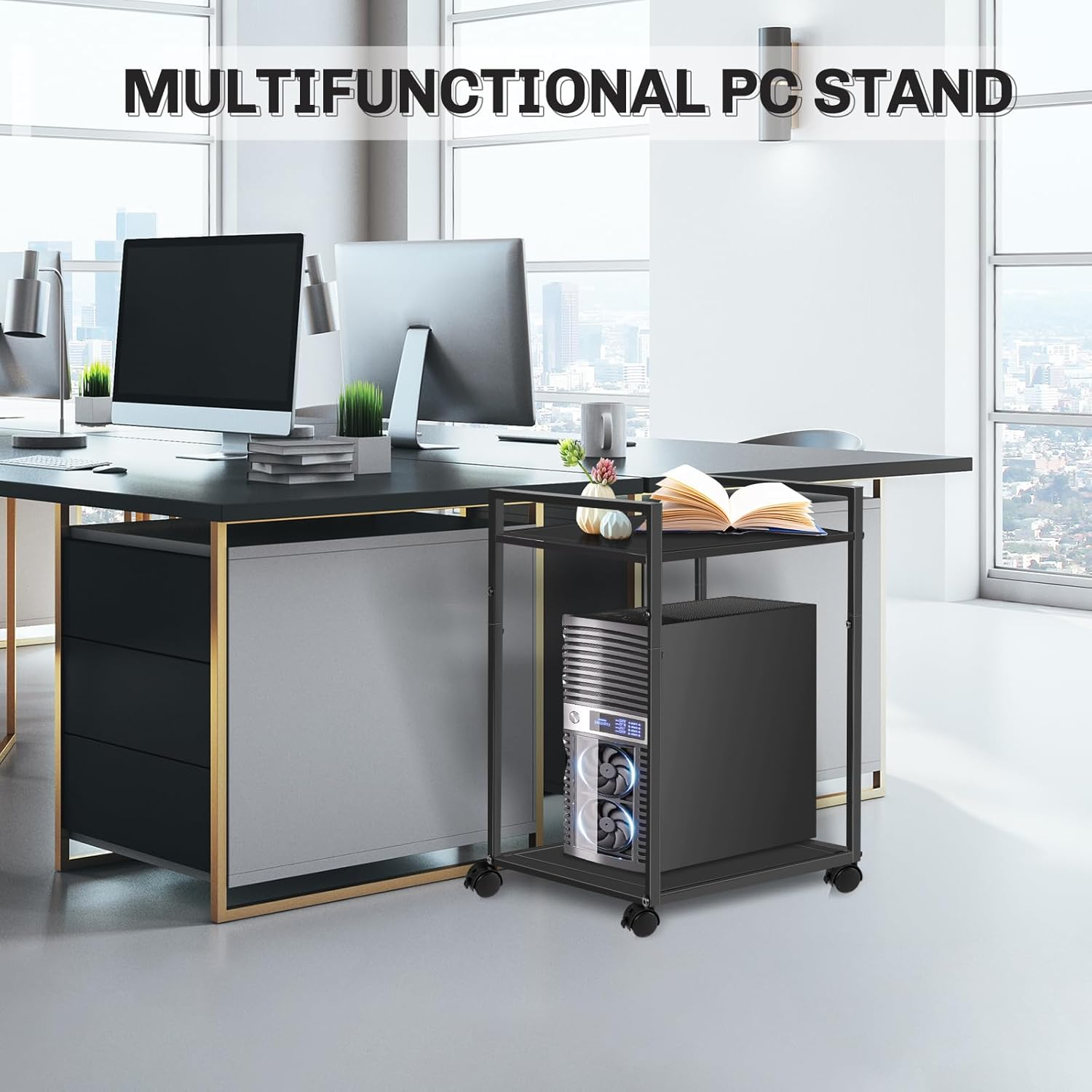 Liitrton Computer Tower Stand, 2-Tier CPU Stand PC Stand with Lockable Wheels under Desk for Office Home (L) image number 5
