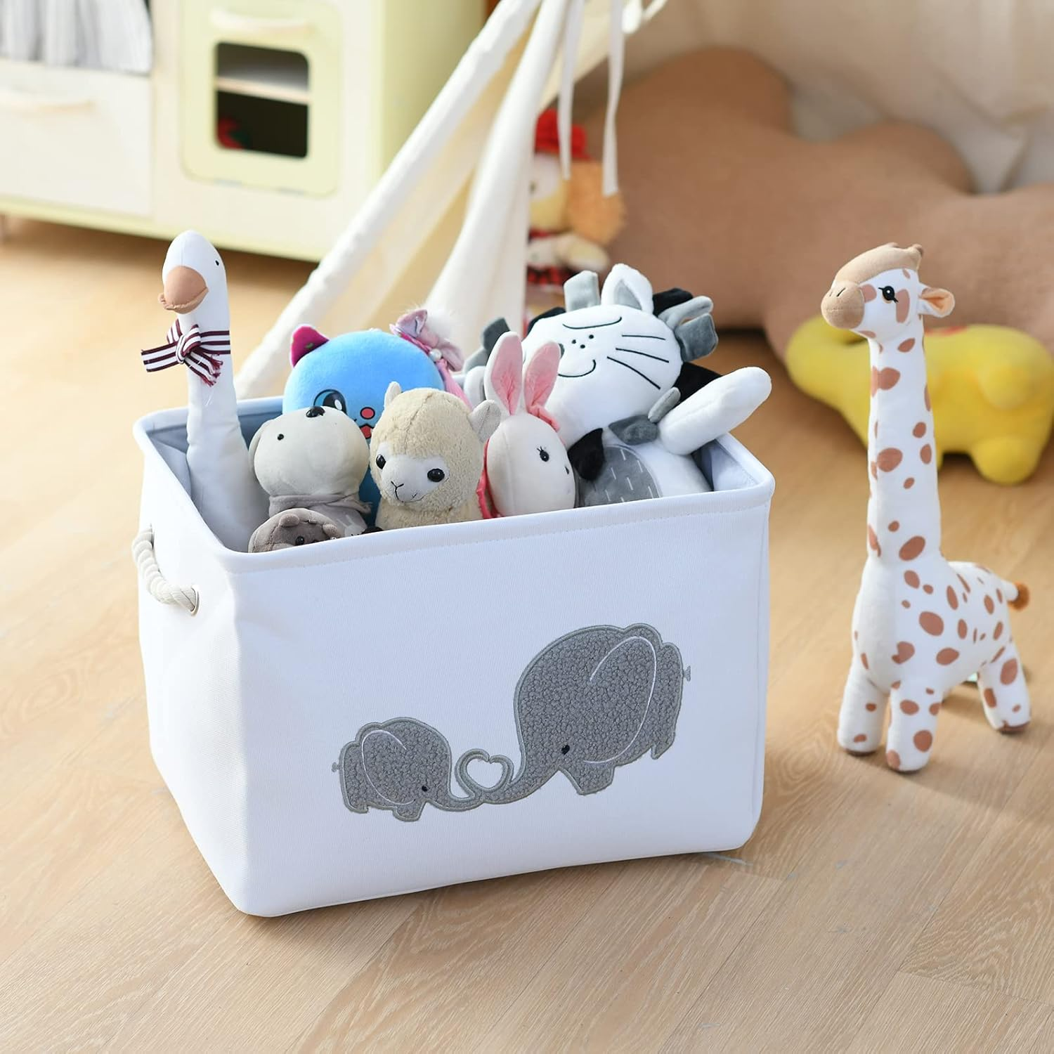 Inough Baby Gift Baskets Empty Large Storage Container Fabric Toys Basket, Elephant Toy Box with Drawstring Closure for Wipes and Diapers, Nursery Organizers Kidsroom Room, Grey Furry Elephant image number 3