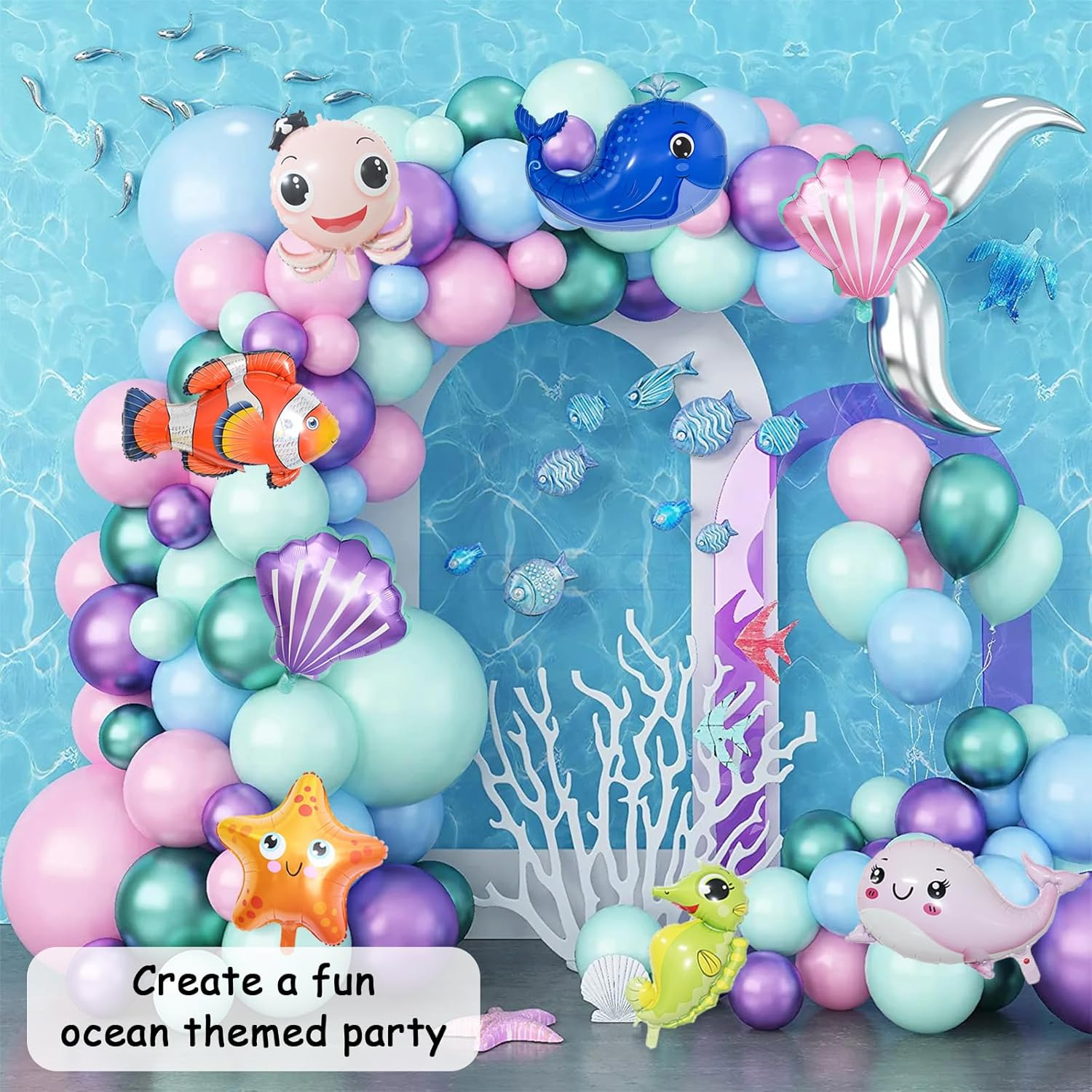 16Pcs under the Sea Party Decorations, KUAOOAUK Large Ocean Themed Party Decorations, Starfish Seahorse Shark Crab Foil Balloons, Sea Animal Balloons for Kids Baby Shower Birthday Party image number 4
