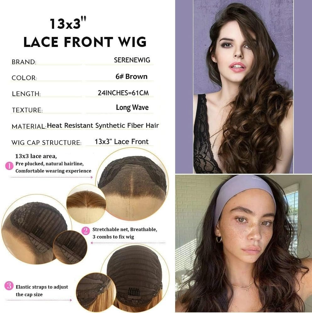 6# Dark Brown Wig Body Wave Heat Resistant Fiber Natural Brown Color Synthetic Lace Front Wigs for Women Natural Looking Synthetic Replacement Wig Daily Cosplay Party Halloween Drag Queen 26"