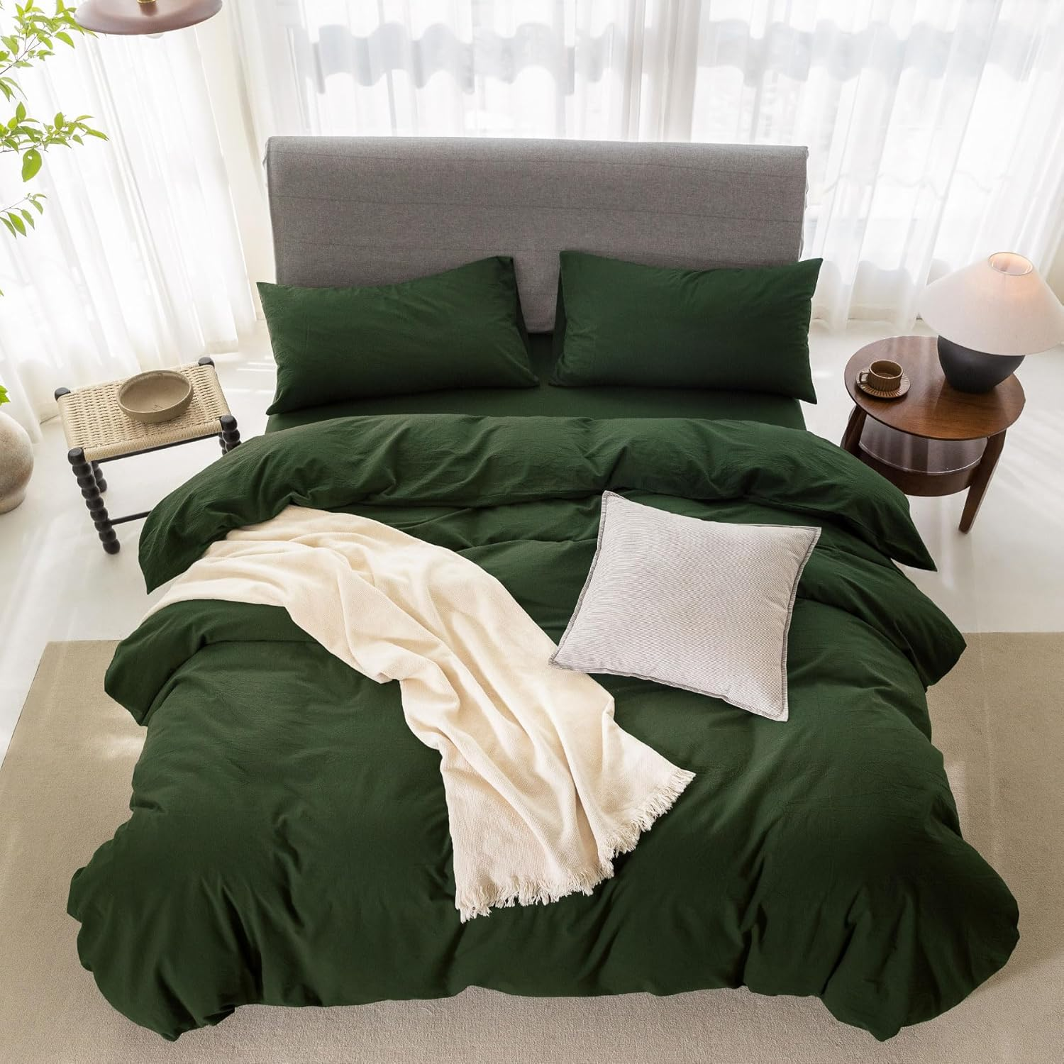 ELIMMO Duvet Cover Set Linen Texture 100% Cotton Fabric Durable Breathable Natural Dreamy Chic Feel (Forest Green, Queen)