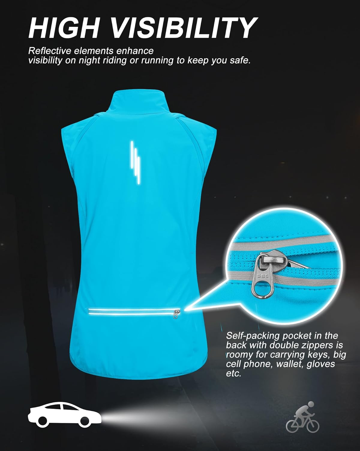 33,000Ft Women'S Waterproof Cycling Jacket High Visibility Reflective Jacket Lightweight Running Vest Breathable Rain Jacket with Removable Sleeves Ladies Bike Coat image number 6