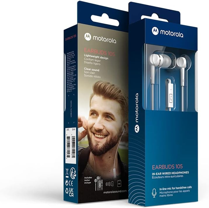 Motorola Sound Earbuds 105 - Wired In-Ear Stereo Headphones with Microphone for Hands-Free Calls - White image number 1