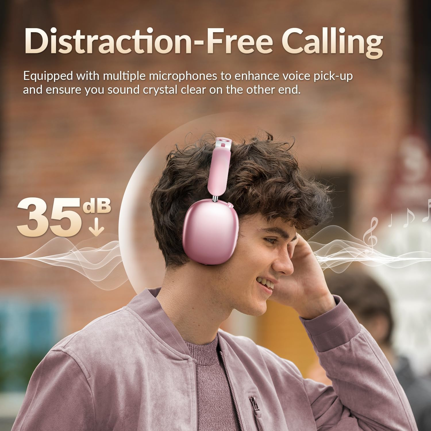 Wentronic Y02 Active Noise Cancelling Headphones,60H Battery,5 EQ Music Modes,Hi-Res Audio,Deep Bass,Foldable Wireless over Ear Bluetooth 5.4 Headset,Breathable Leather Earpads (Pink) image number 3