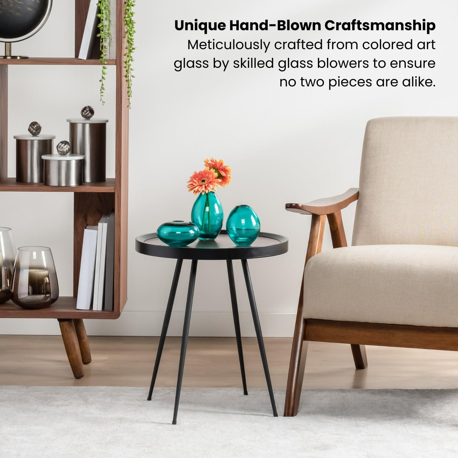 Torre & Tagus Mini Glass Vases | Art Glass Bud Vase Set of 3 Small Flower Vases for Home Decor, Dark Teal Vase for Table Decor, Handblown Clear Glass Vases for Flowers, Handmade Glass Teal Decor - Turquoise image number 5