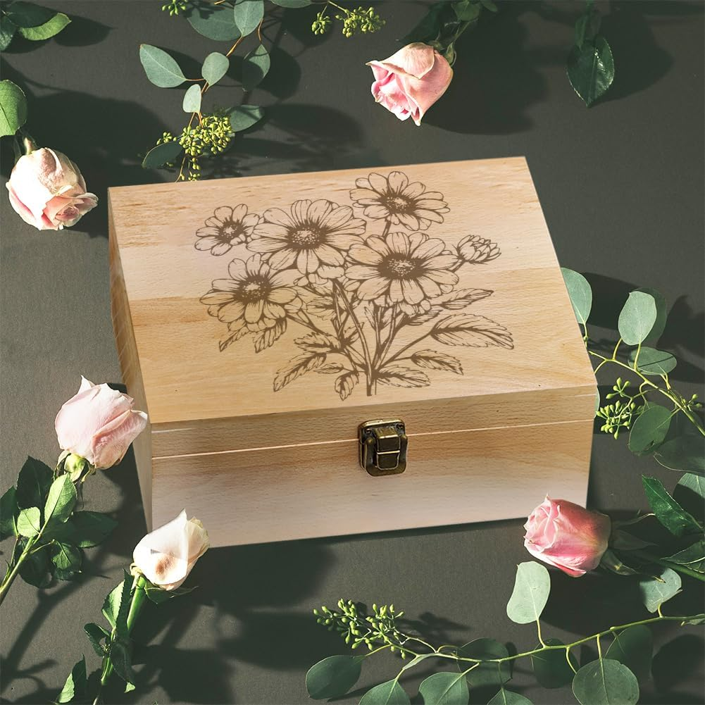 Arricraft 1 Pc Wooden Memory Keepsake Box, Daisy Cluster Sketch Pattern Storage Decorative Memory Wooden Box with Hinge Lids for Photos Dvds Letters Holding 24.5X19.5X10.3Cm image number 2