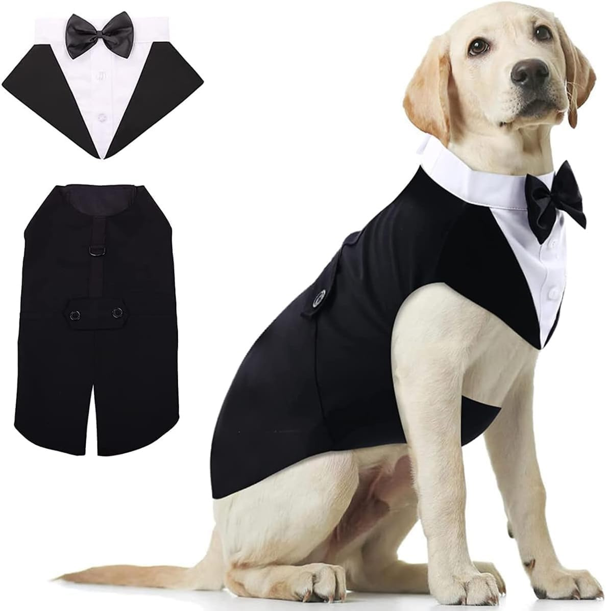 Gofunway Dog Tuxedo Suit and Bandana Set, 2 Pack Pet Costume Puppy Formal Party Suit Wedding Attire for Large Medium Dogs Golden Retriever, Samo Bulldogs Prince Bow Tie Shirt (Black Stripe, X-Large)