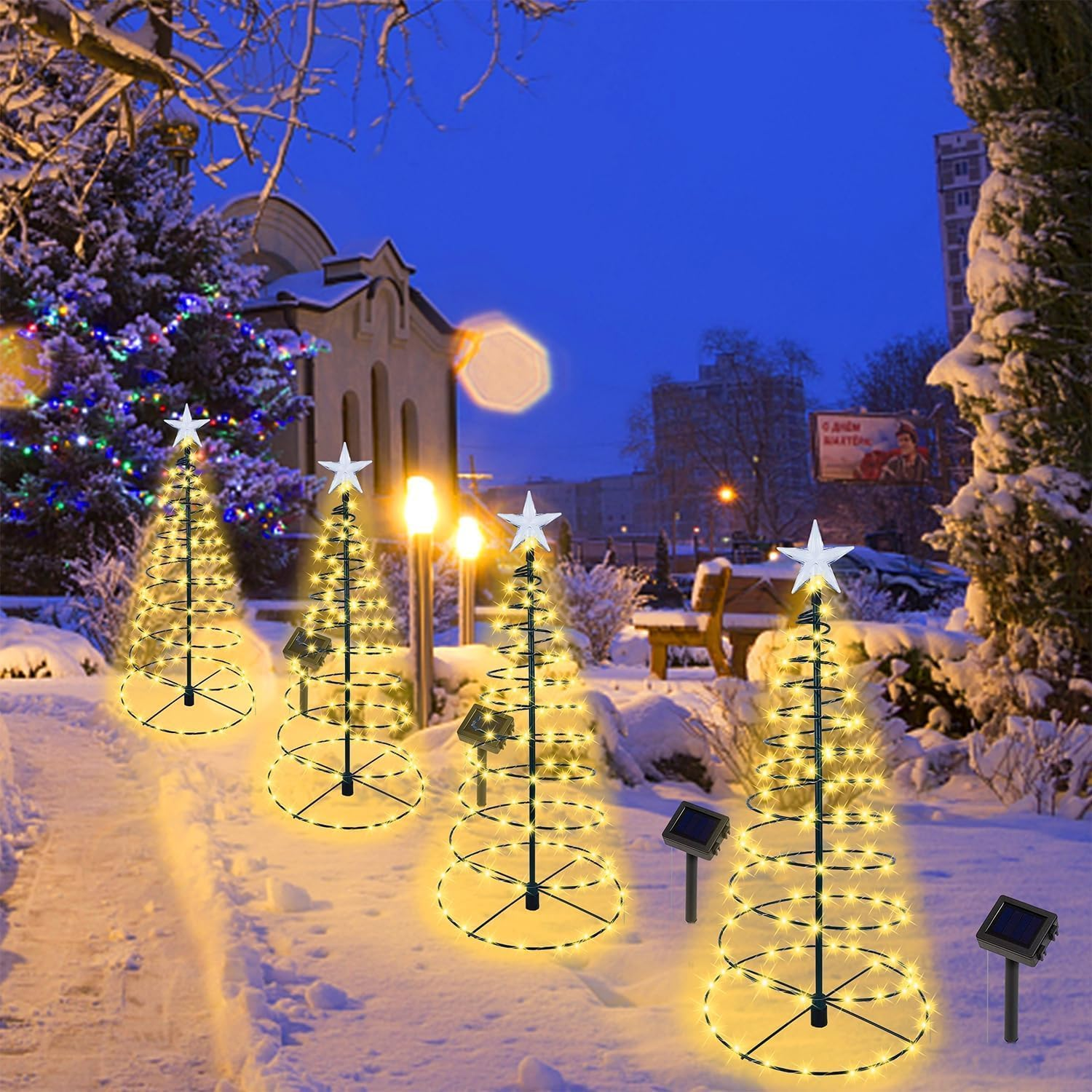 YUTONG 2 Pack Solar Spiral Christmas Trees Lights, 8 Mode Outdoor Light up Xmas Pathway Markers with Stake, Auto On/Off & Waterproof Lights for Patio Yard Walkway Driveway Decor (Warm Light) image number 4