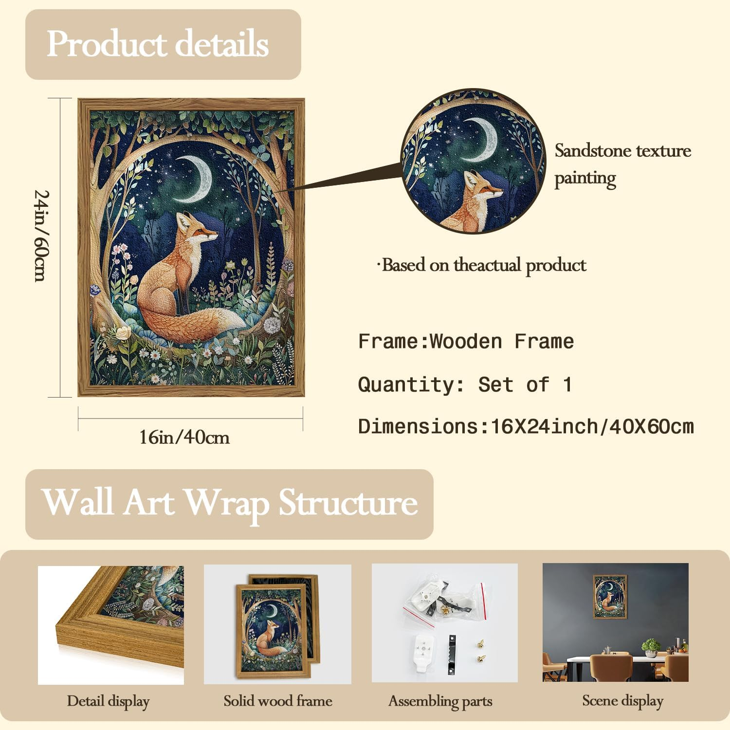 Framed 3D Textured Vintage Wall Art - Cottagecore Hand Drawn Sandstone Fox Paintings Wall Decor, Whimsical Forest Animal Floral Botanical Aesthetic for Bedroom Living Room Nursery 16X24 Inch image number 3