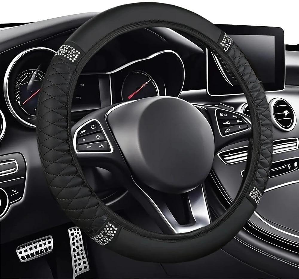 Car Steering Wheel Cover, 15 Inch Bling Rhinestone Soft Leather, Diamond Crystal for Women, Elastic Steering Wheel Protector for Most Cars (Black) image number 1