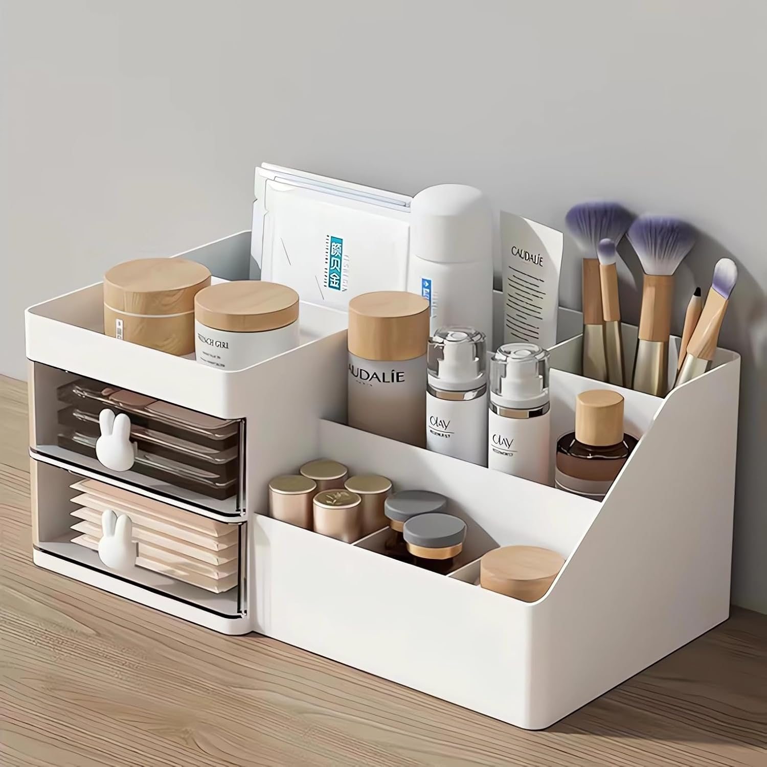 Makeup Storage Organizer for Vanity, Desktop Cosmetic Organiser Makeup Storage Box with 2 Drawers for Lipsticks, Jewelry, Perfume, Nail Care, Skincare, Multi-Purpose Bathroom Countertop Organiser image number 4