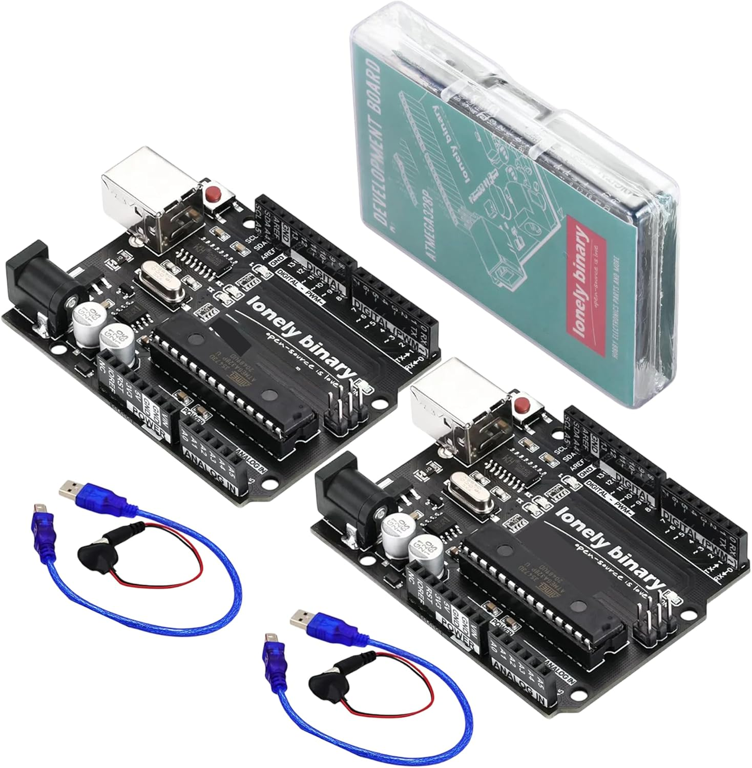 2- Pack UNO R3 Atmega328P Compatible Boards with USB Cable and Protective Case, Compatible with Arduino IDE, ESP32, Raspberry Pi (2-Pack Atmega328P Boards) image number 1