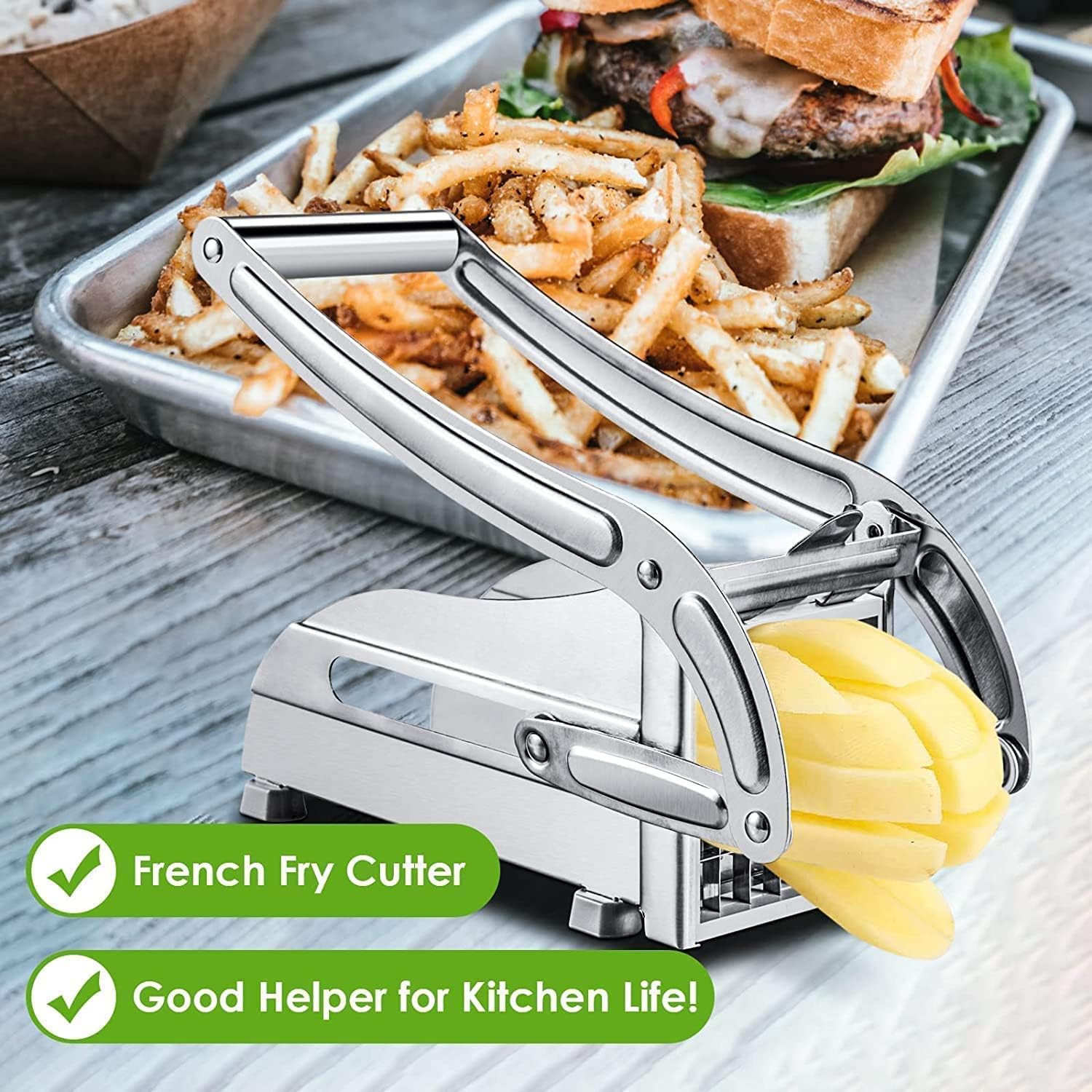 French Fry Cutter with 2 Blades,Potato Chipper, Stainless Steel Vegetable Potato Cutter Chips Cutting Machine with Non-Slip Feet Kitchen Tool Accessories for Carrots Vegetables Fruits