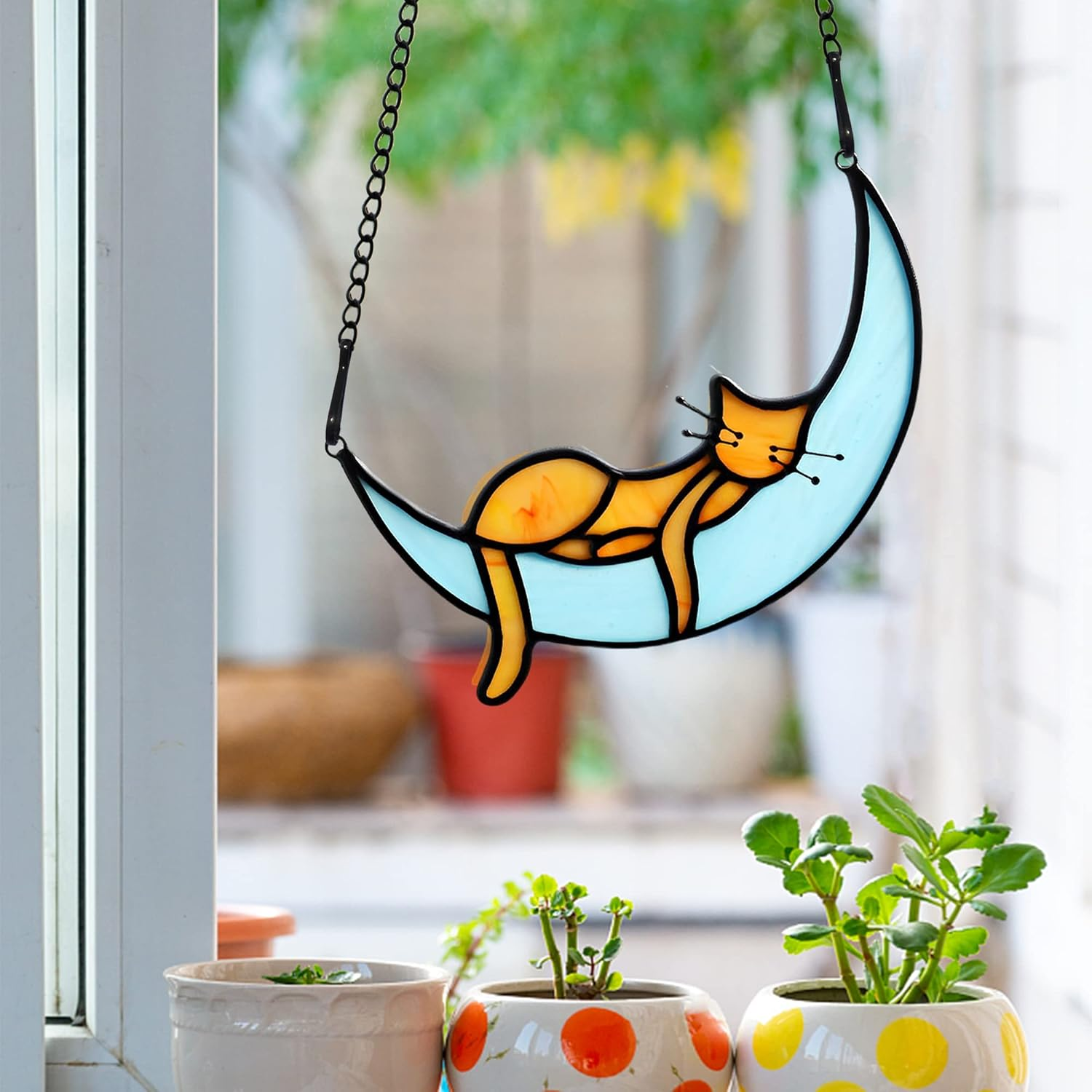 BOXCASA Orange Cat Suncatchers Handcrafted Stained Glass Window Hanging - Moon Phase Memorial Gifts for Cat Lovers,Birthday,Christmas Day, for Women,Mom image number 2