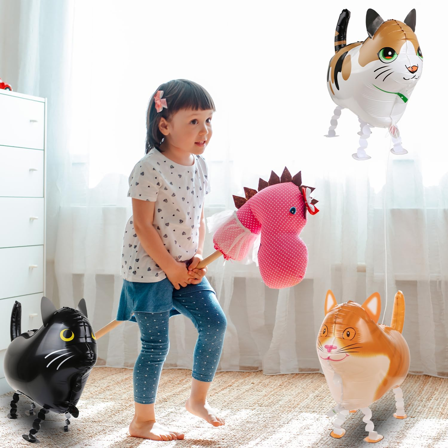 CCOZN 8 Pcs Walking Cat Balloons, Cat Mylar Balloon with 3 Ribbons Walking Animal Balloons Foil Long Balloons for Cat Theme Birthday Party Decorations Walking Cat Balloons Birthday Party Supplies