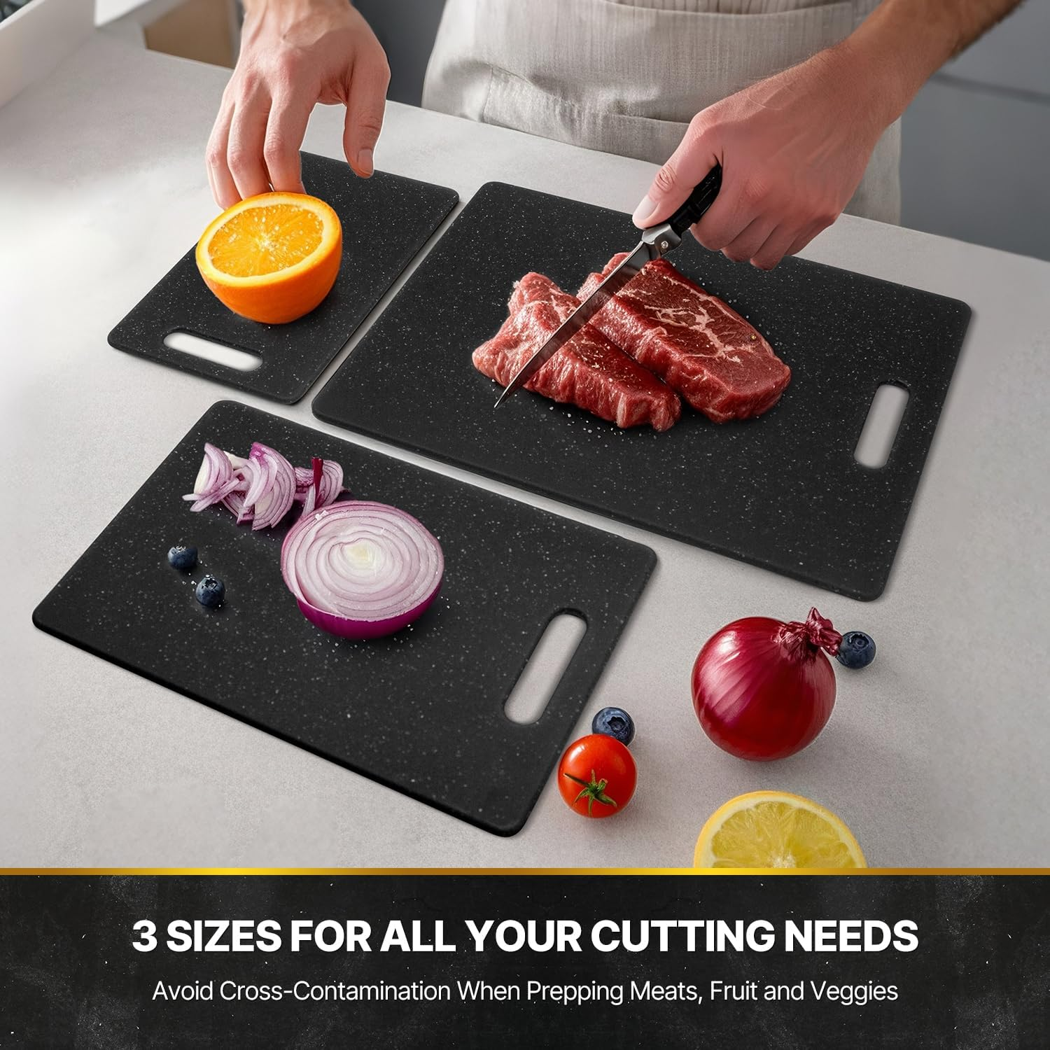 Sydroya Chopping Board Set, 3-Piece Non-Slip Cutting Boards for Kitchen, Easy Grip Handle Dishwasher Safe Chopping Board for Food Fruits Vegetables, Bpa-Free Plastic, Black image number 1