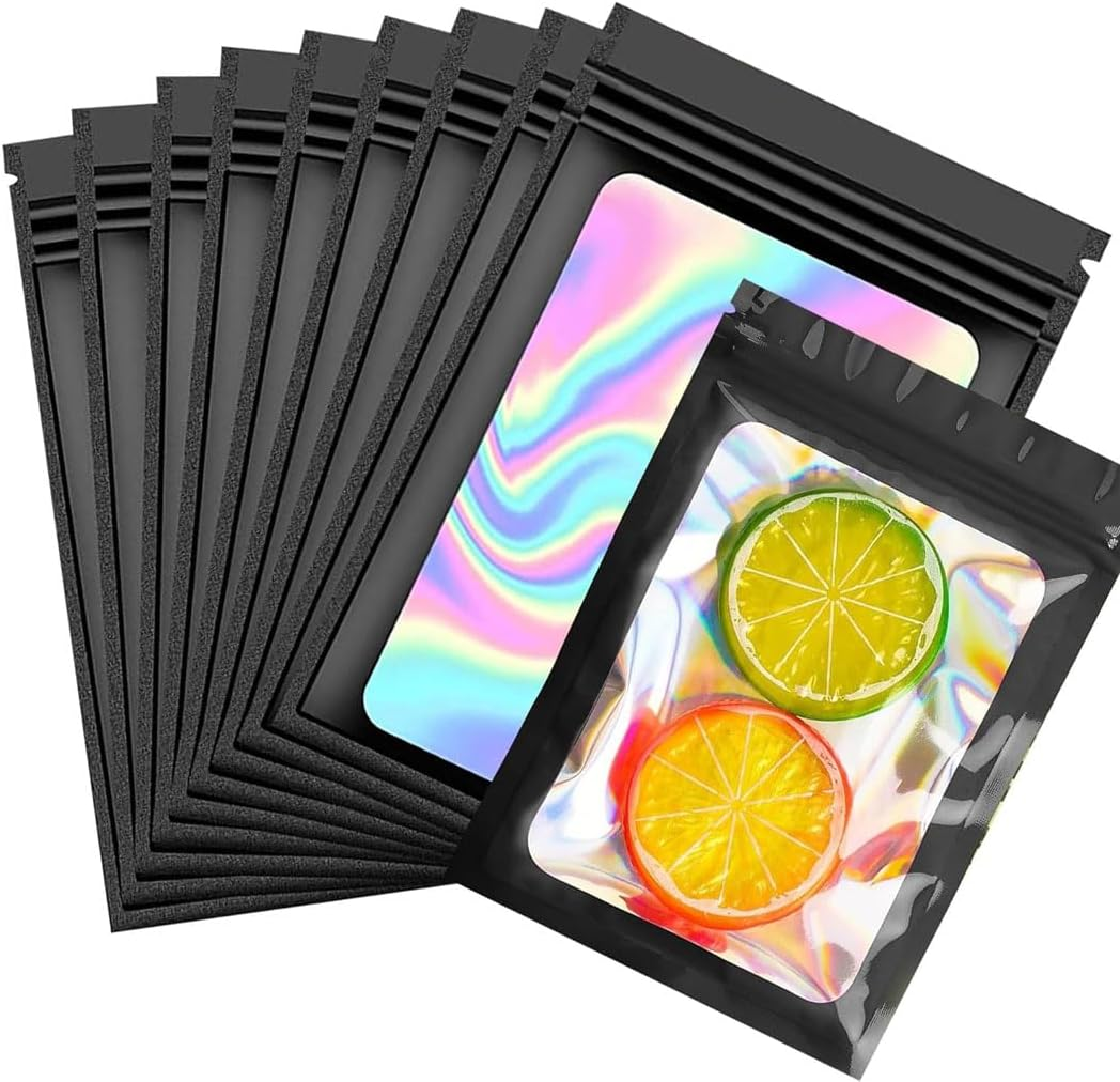 Idopick 100 Pcs 2.76X3.94'' (7X10 Cm) Clear Window Smell Proof Mylar Bags Resealable Zip Lock Holographic Packaging Pouch Candy Bags for Food Storage Sample Beans Cookies Jewelry Supplies(2.8X4 Inch) image number 2