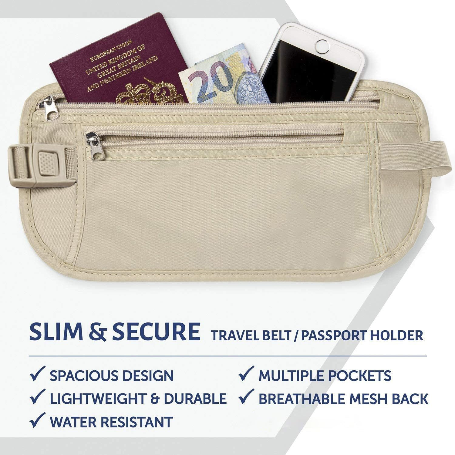 Yuanyoutong Secure Travel Money Belt, Anti-Theft Passport Holder Travel Wallet for Men Women, Hidden under Clothes Belt Wallet, Security Travel Pouch, Waterproof Waist Bumbag for Money, Cards and Keys, Beige, One Size, Double Zipper Pocket Design image number 6