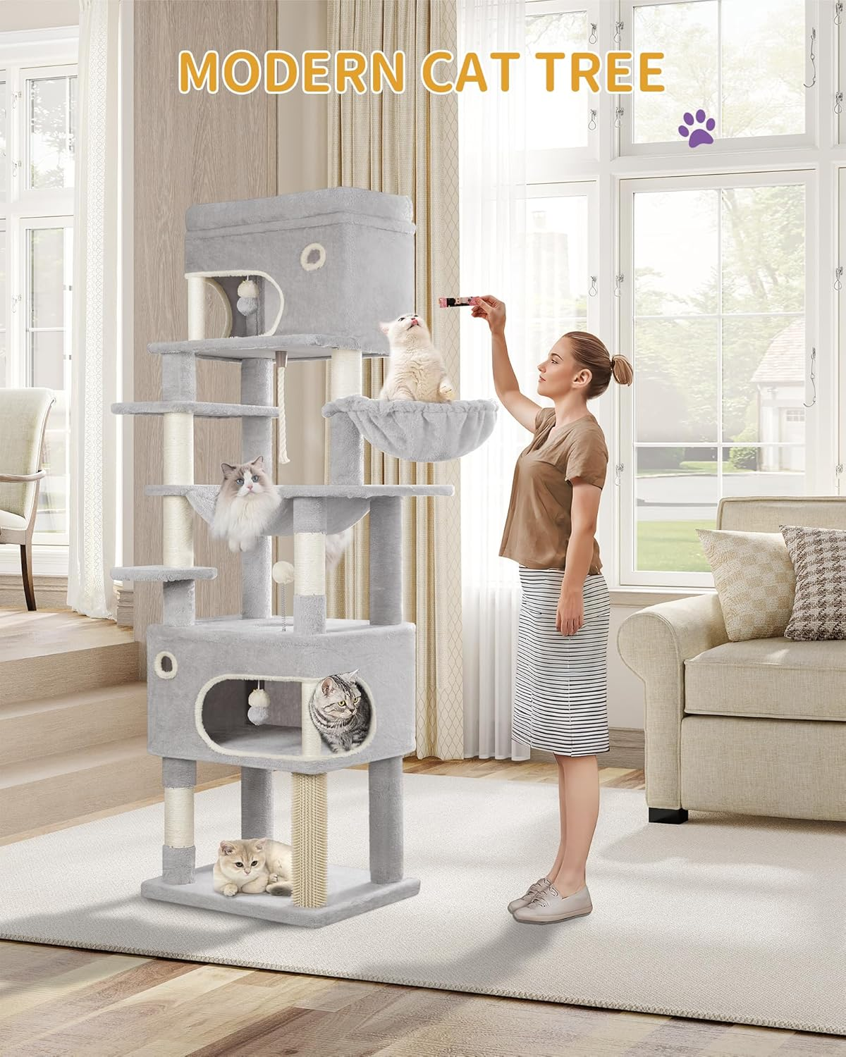 Hzuaneri 178Cm Cat Tree for Indoor Cats, Multi-Layer Scratching Post with Large Platform, 2 Caves, 7 Sisal Posts, Pompoms, Cat Basket, Hammock, Suitable for Cats, Light Grey MS17818LG