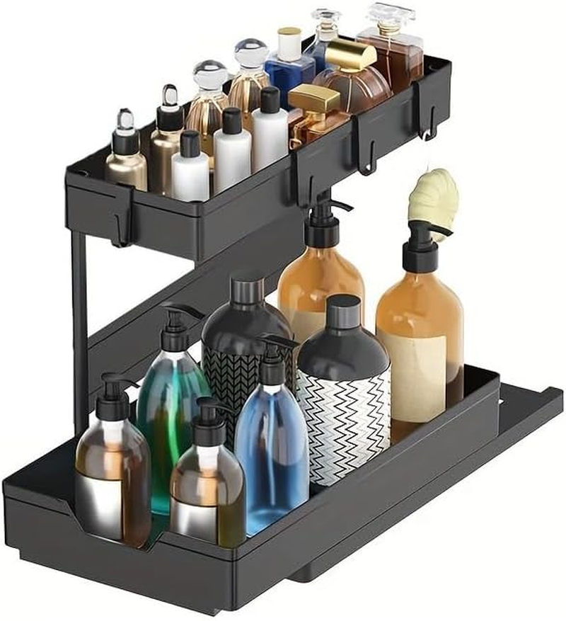 LTECARP under Sink Storage Kitchen Organiser, 2 Tier Sliding Kitchen Storage under Sink Shelf, Multi-Purpose Organisation for Kitchen Bathroom, Bottom Slide Out Basket Black image number 2
