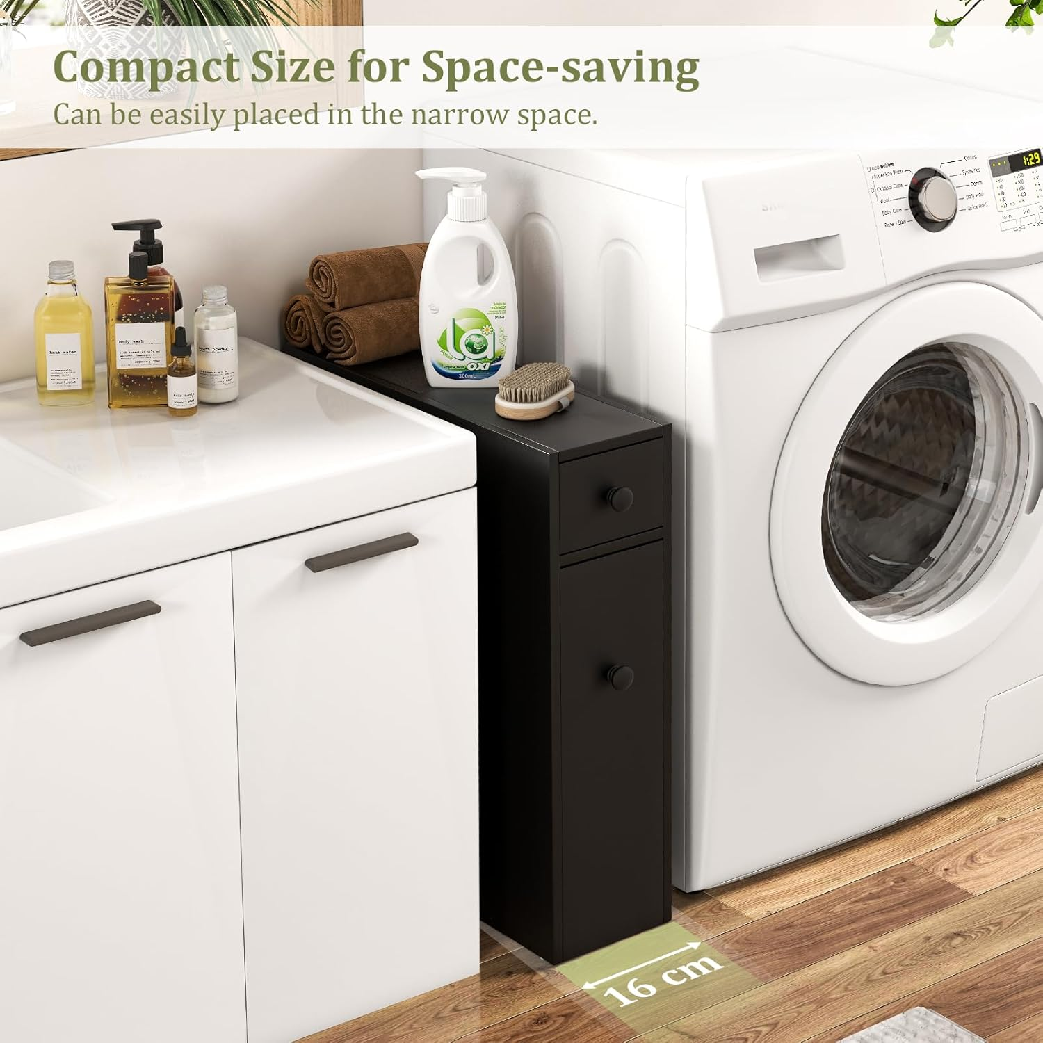 Giantex Slim Bathroom Cabinet, Freestanding Storage Cabinet, Toilet Paper Holder, Side Cabinet Storage Unit W/Pull-Out Drawer & Shelf for Narrow Space Bathroom Living Room Kitchen (Black) image number 4