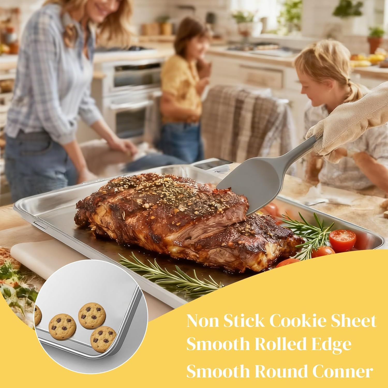 Cookie Sheet Pan Set, 3 Pack Stainless Steel Baking Sheets, Non Stick, Non Toxic & Heavy Duty Bakeware, 3 Size Set (9/12/16 Inch) for Oven Roasting, Cooking, Baking​