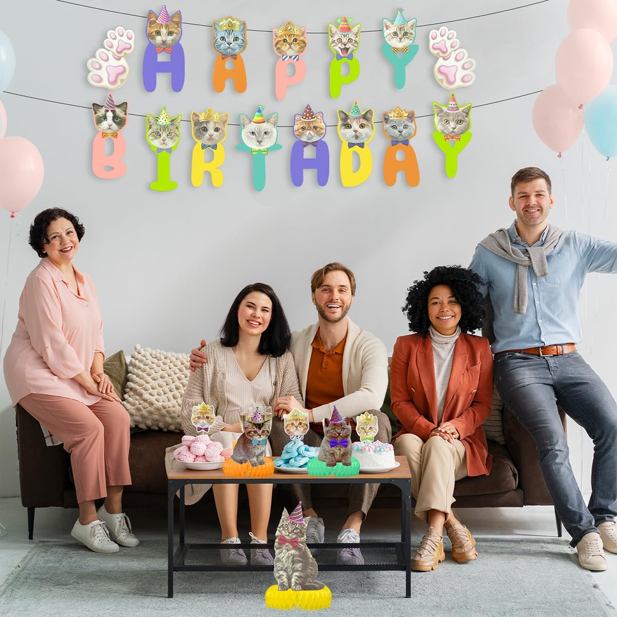 Cat Theme Birthday Party Decorations, 1 Set Kitten Happy Birthday Decorations with Cake Toppers (Colorful) image number 2