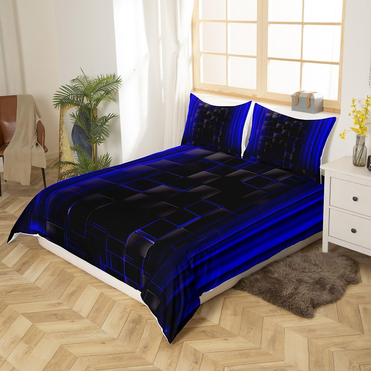 Manfei Royal Blue Ombre Duvet Cover Set Full Size, Abstract Geometric Lines Grid Comforter Cover, Black Lattice Bedding Set for Kids Boys Bedroom Decor, Lightweight Bedspread Cover, 2 Pillowcases image number 5
