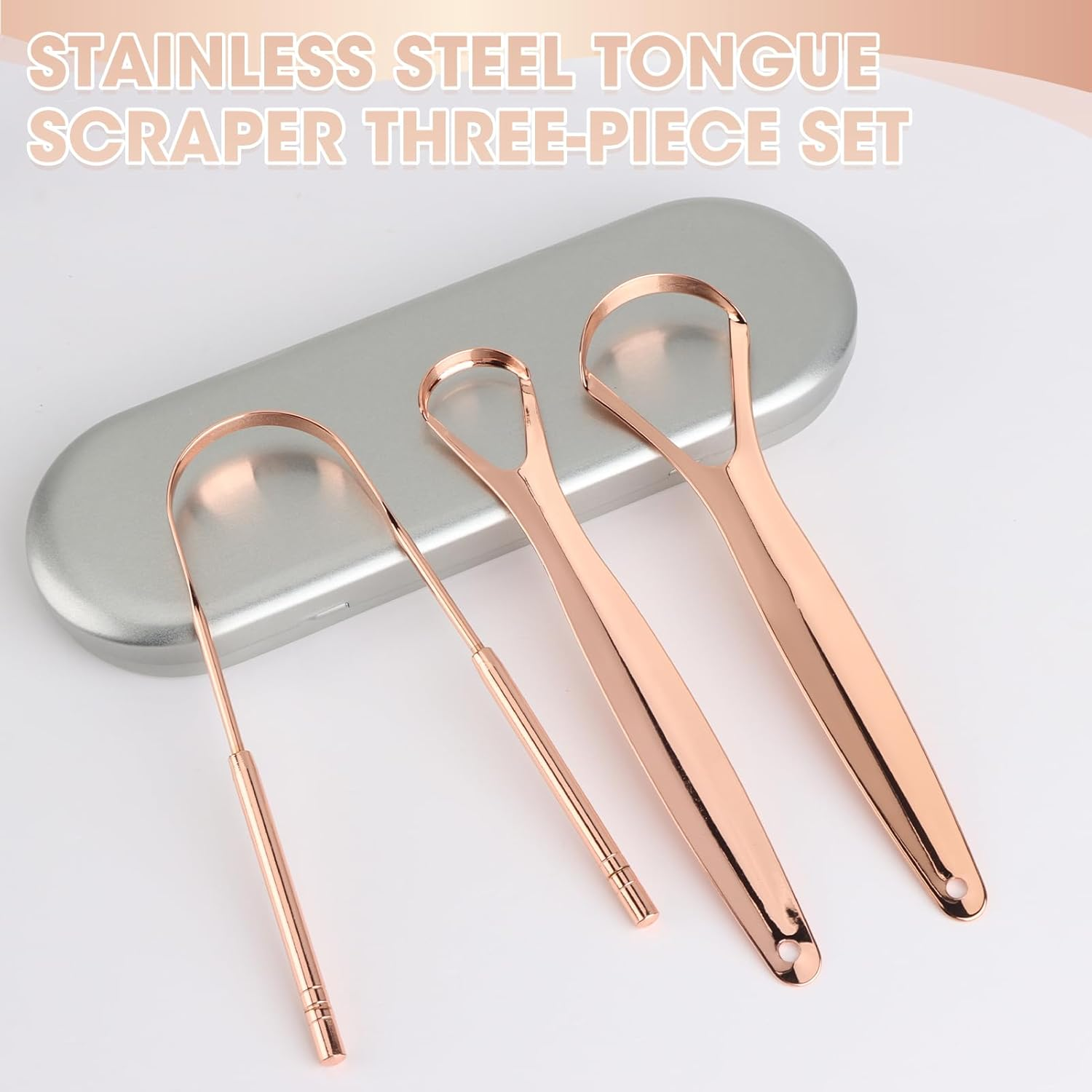 4Pcs Stainless Steel Tongue Scraper Set, Iron Box - Tongue Scraper & U-Shaped Tongue Cleaner, Oral Hygiene Products - Effective Tongue Raser for Fresh Breath, Healthier Smile Rose Gold image number 3