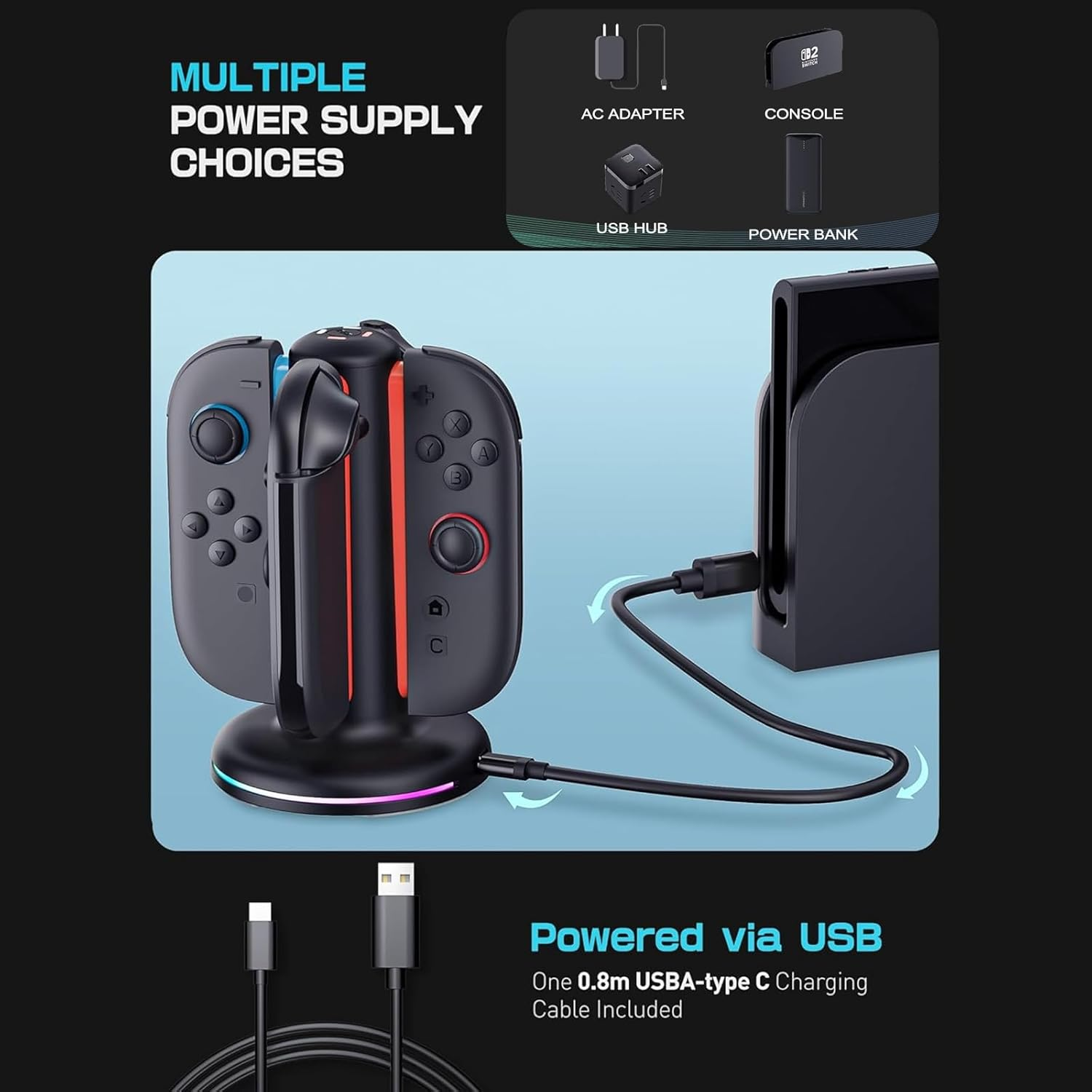 UOEPOWA Upgraded Charging Dock for 2025 Nintendo Switch 2 Joycon, 9 Light Modes, 4-In-1 Magnetic Fast NS2 Controller Charger Station for Nintendo Switch 2 Joy-Con Charger Organized Accessories (NS2) image number 1