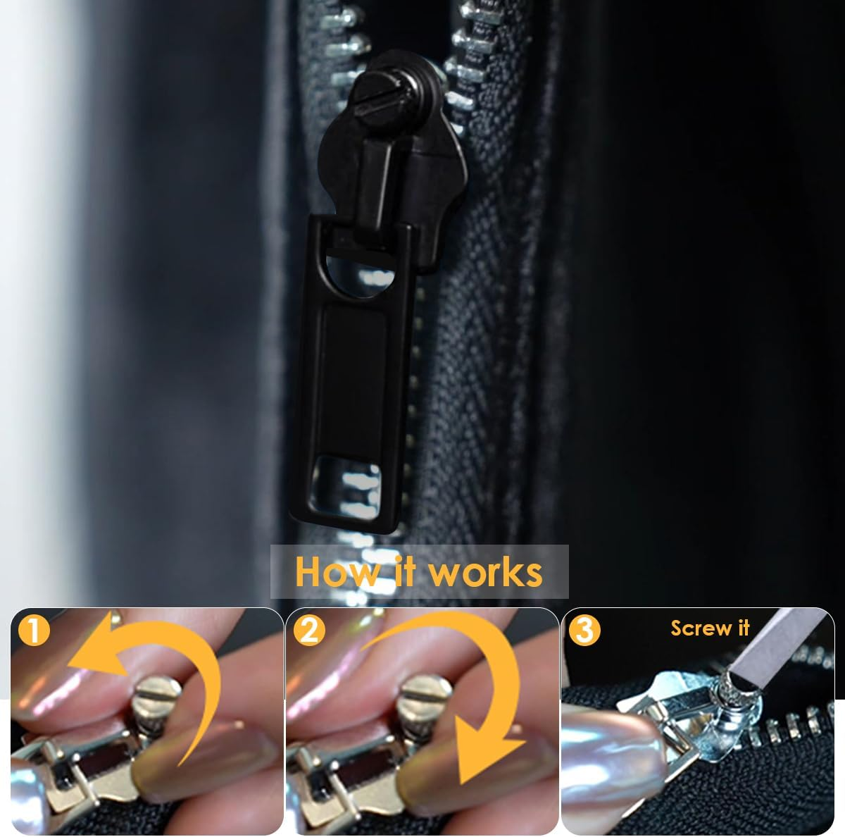 Universal Zipper Repair Kit for Jackets, Luggage, Bags,Backpack Self-Assembly, Zipper Replacement Repair Kit for #5 Zippers (Black,3Pcs) image number 4