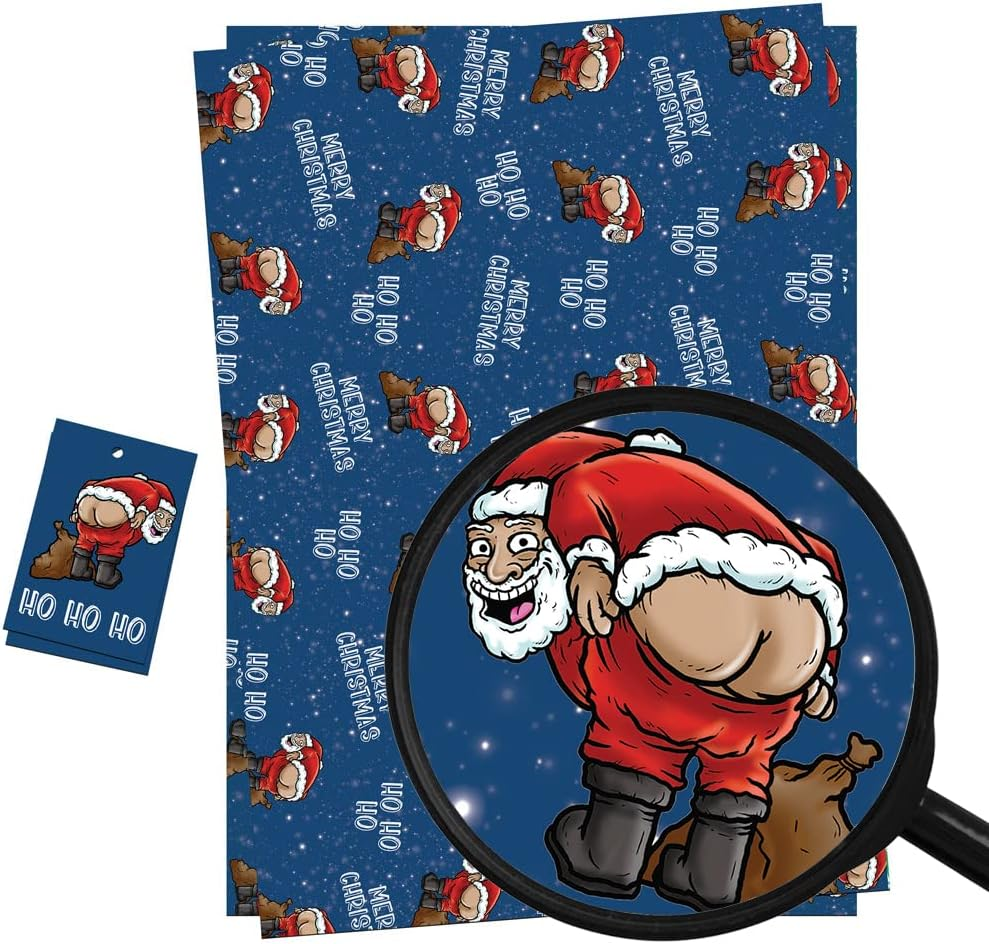 Christmas Wrapping Paper Sheets + Gift Tags (Pack 2) Funny Rude Santa Pulling a Moon Design