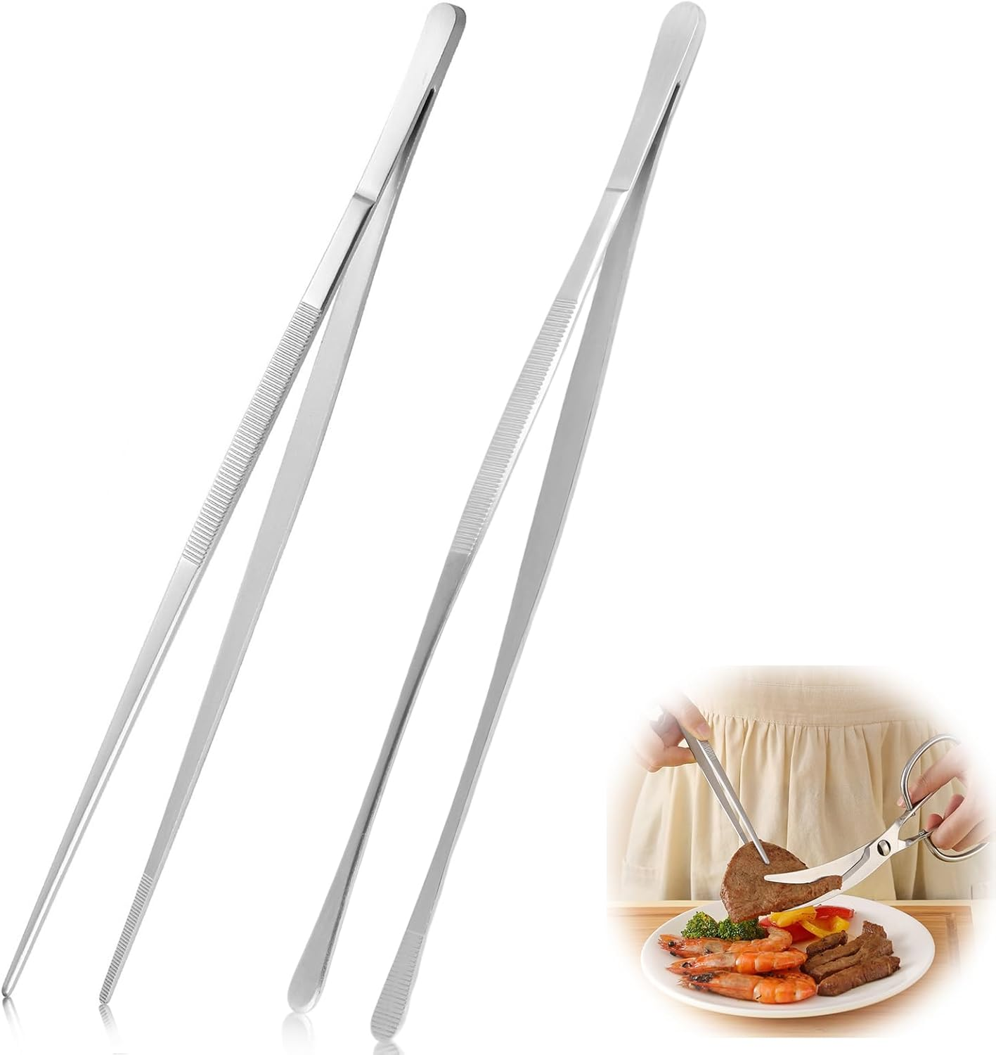 Cooking Tweezers Set, 2PCS 12-Inch Stainless Steel Kitchen Tongs with Fine Head and Broader Head, Professional Cooking Tools for Kitchen, BBQ & Culinary Tasks image number 6
