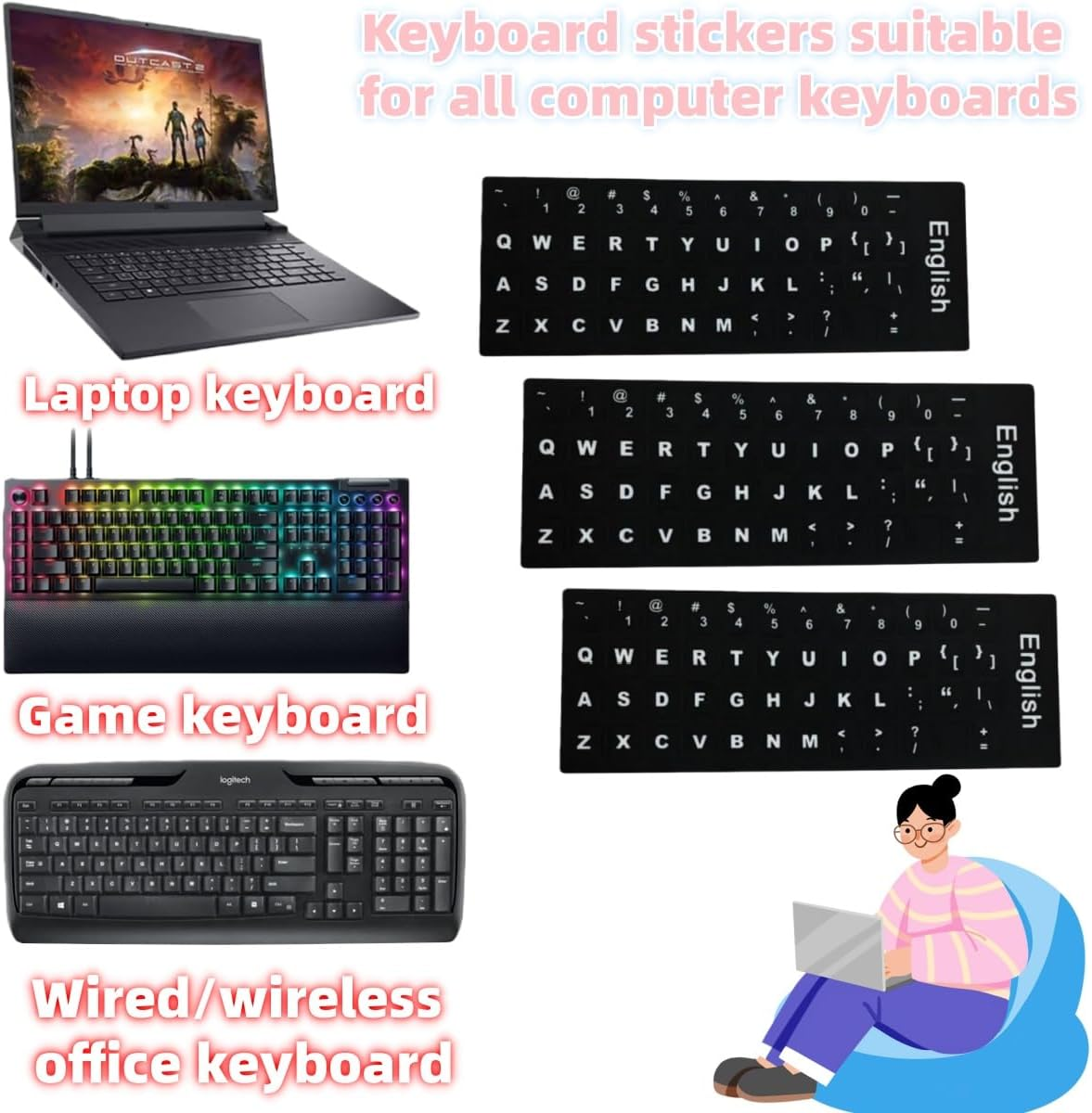 3 Pcs English Keyboard Stickers,Big Letter Full Set, Black Background with White Lettering, Laptop Desktop Computer Keyboards Accessoriesalphabet Stickers image number 6
