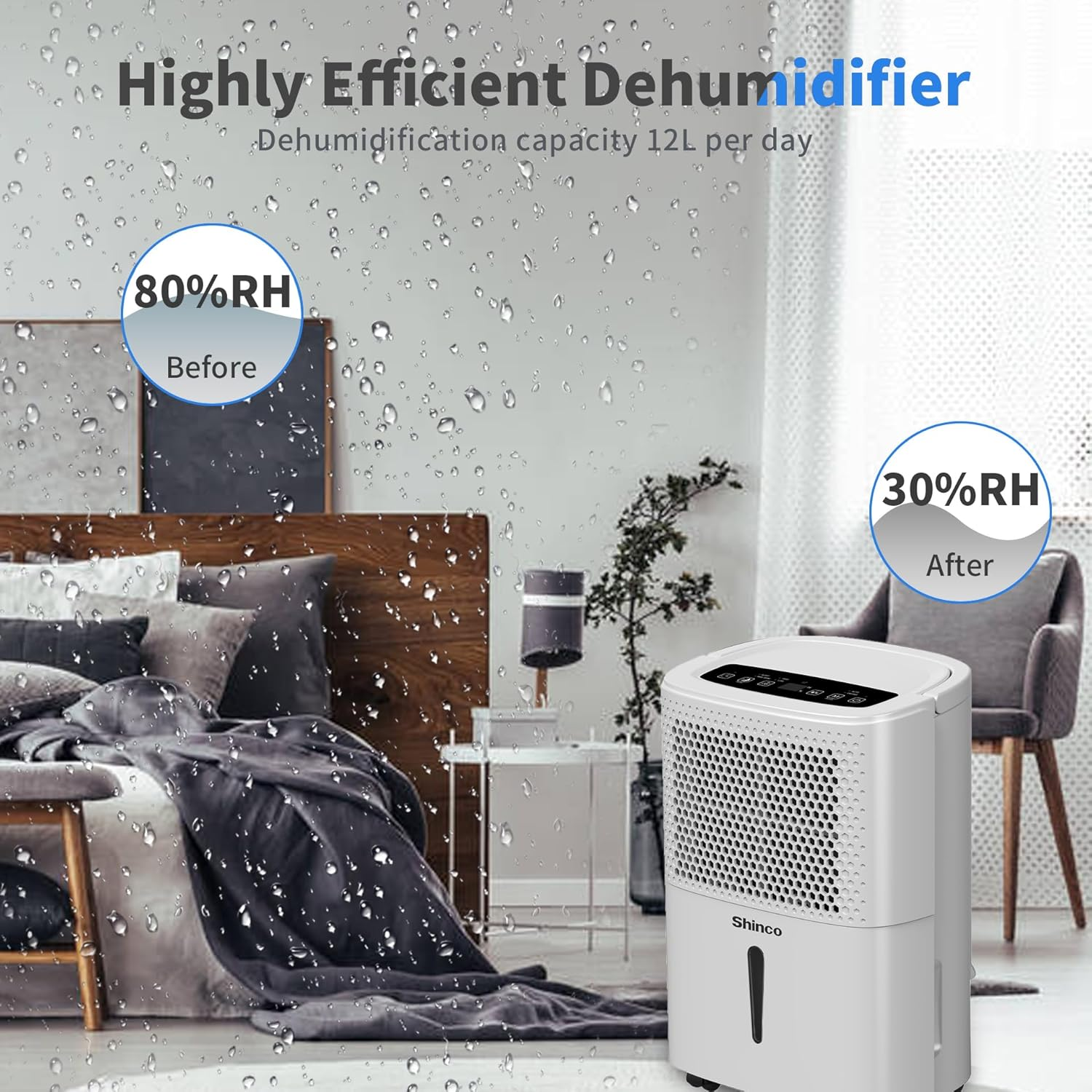 Dehumidifier,Shinco 12L Dehumidifier for Home,Portable Dehumidifier Moisture Absorber,Suitable for 20㎡ Living Room,Bathroom,Basement,Garage,Bedroom,1.8L Water Tank and Continuous Drainage