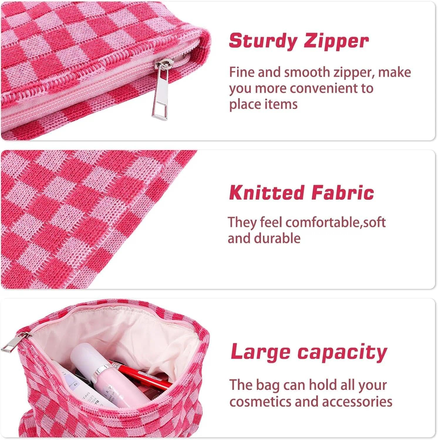 Pink Makeup Bag Set, Travel Makeup Bag Organizer, Portable Cute Checkered Cosmetic Bags for Women, Small Makeup Pouch for Purse, Storage Bag for Toiletries and Makeup Accessories - Damaill image number 3