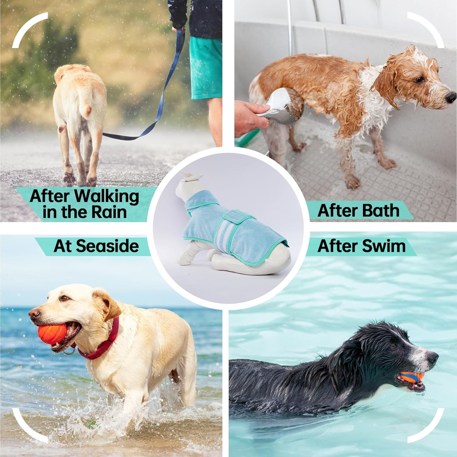 Dog Drying Towel, Dog Bathrobe Towel Microfiber Water Absorbent Adjustable Pet Shower Towel for Small Medium and Large Dogs(Blue, L) image number 5